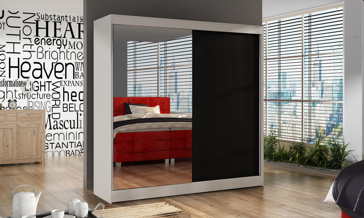 SCHWEBETÜRENSCHRANK Basti I - 200 cm - Schwarz/Weiß, Holzwerkstoff/Metall (200/215/58cm) - Sofnet