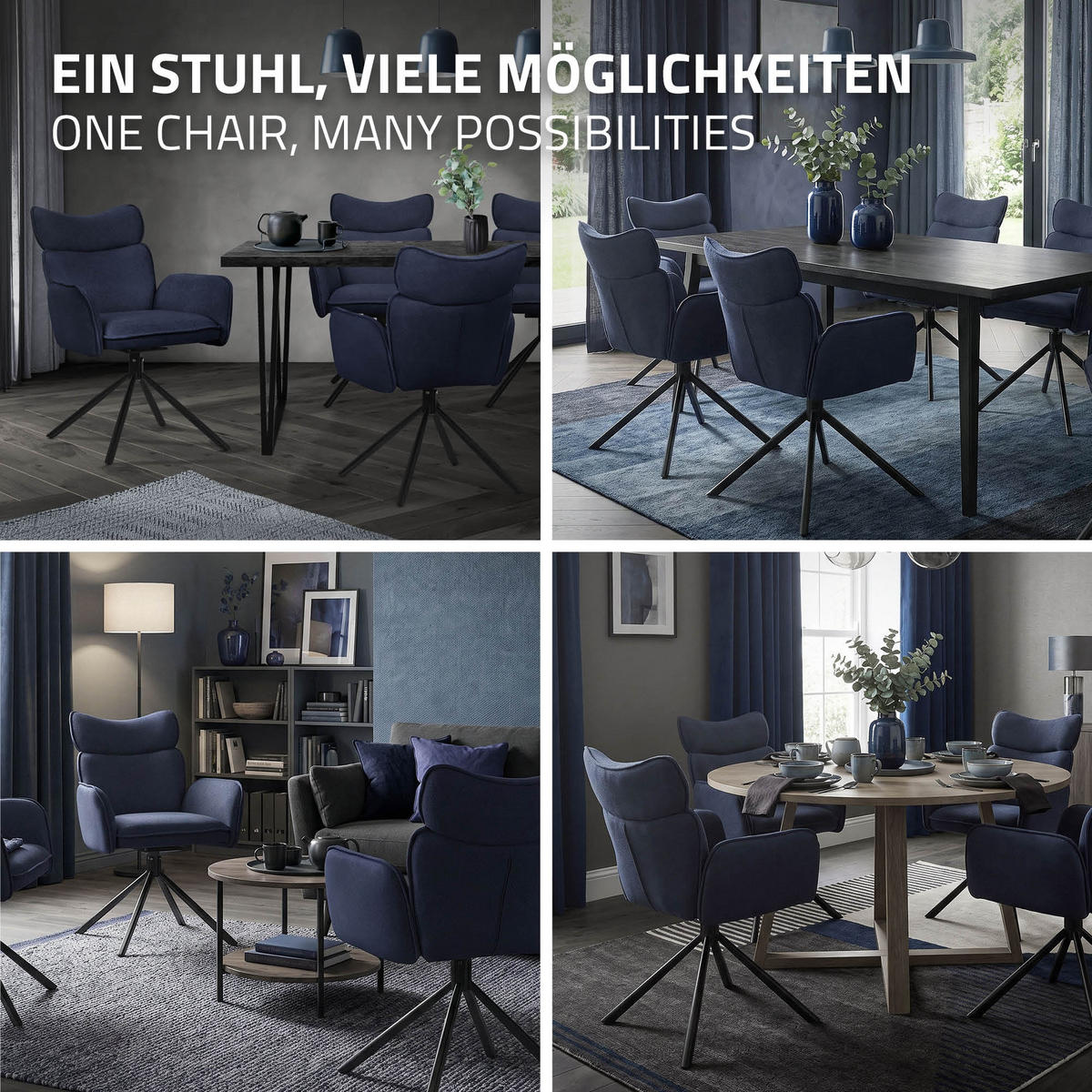 ESSZIMMERSTÜHLE 2er Set drehbar Dunkelblau mit Stoffbezug - Schwarz/Dunkelblau, Textil/Metall (63/89/68cm) - ML-DESIGN