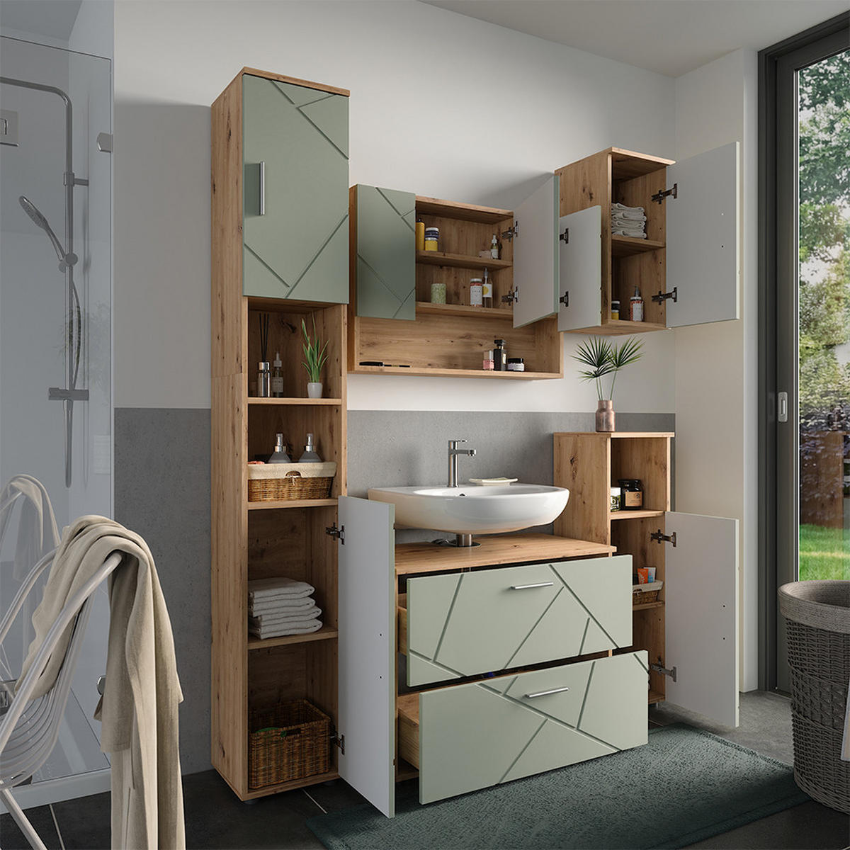 BADMÖBEL-SET Irma Salbeigrün 5 Teile - Salbeigrün, Holzwerkstoff (80/58.6/41cm) - Vicco