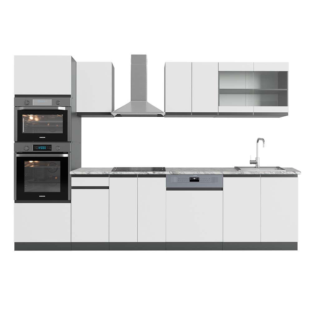 KÜCHENZEILE R-Line Weiß/Anthrazit 300 cm mit Hochschrank, AP Marmor - Anthrazit/Weiß, Holzwerkstoff (300/81.6/60cm) - Vicco