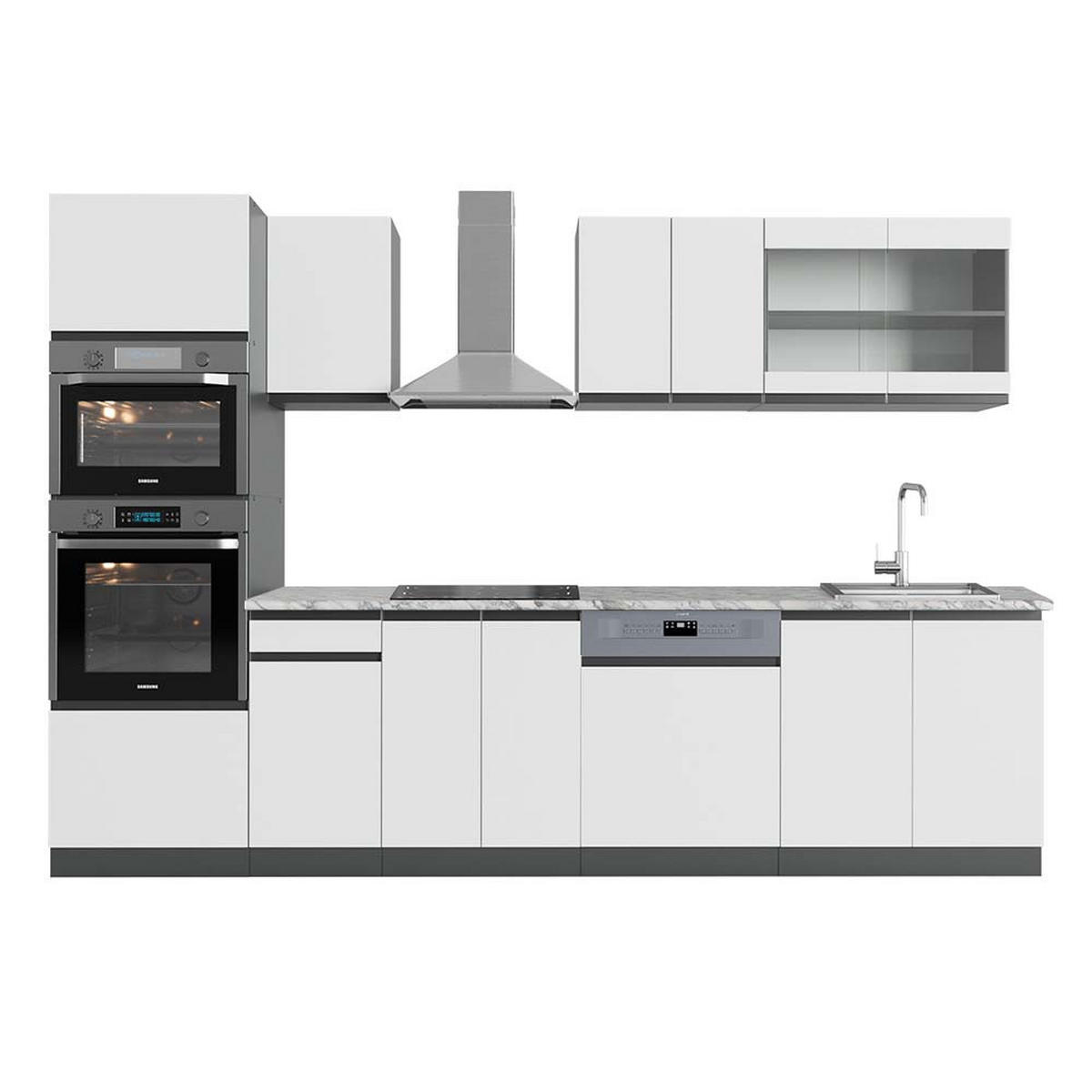 KÜCHENZEILE R-Line Weiß/Anthrazit 300 cm mit Hochschrank, AP Marmor - Anthrazit/Weiß, Holzwerkstoff (300/81.6/60cm) - Vicco