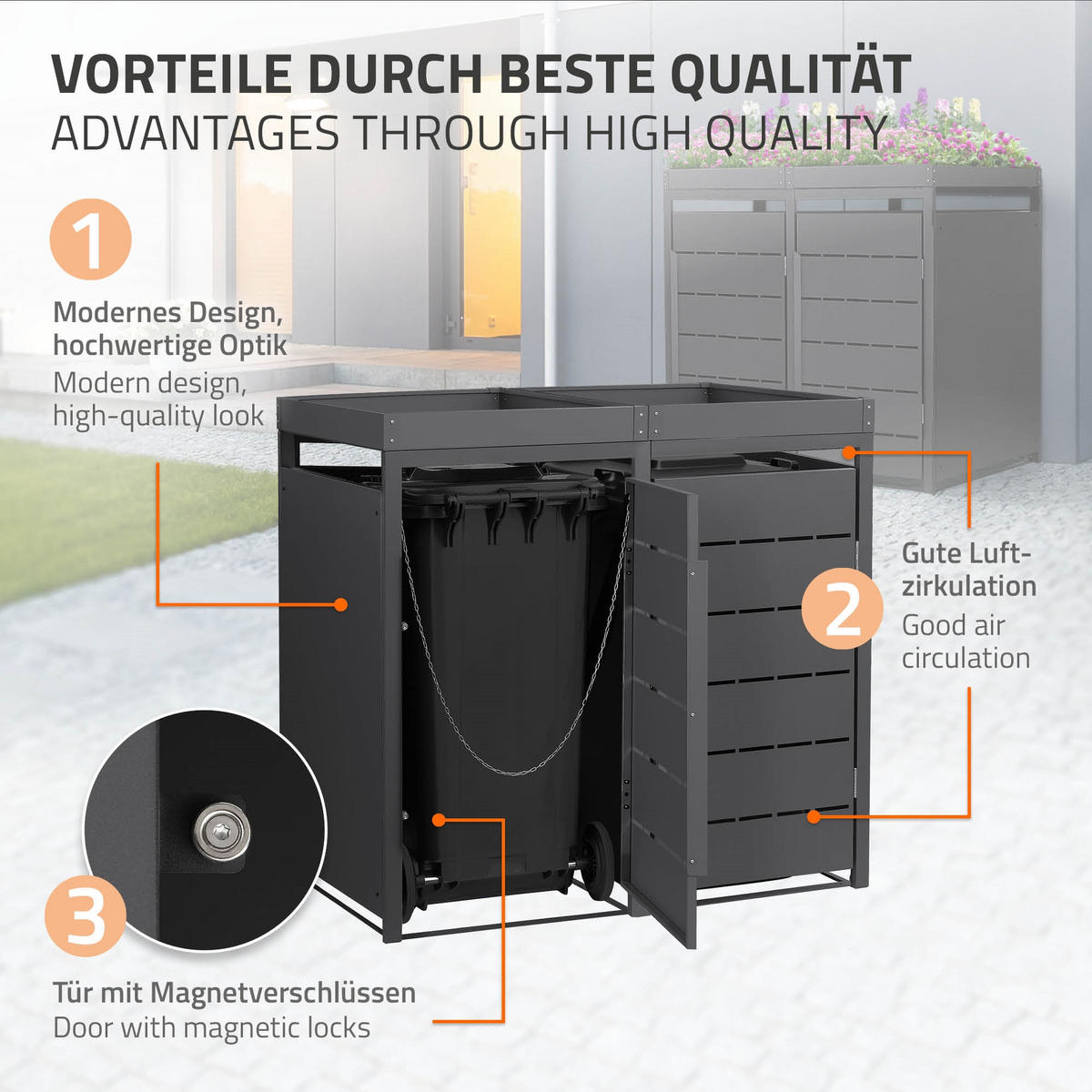 MÜLLTONNENBOX 2er mit Pflanzdach 240L 132x80x124 cm Anthrazit aus Stahl - Anthrazit, Metall (80/124/132cm) - ML-DESIGN