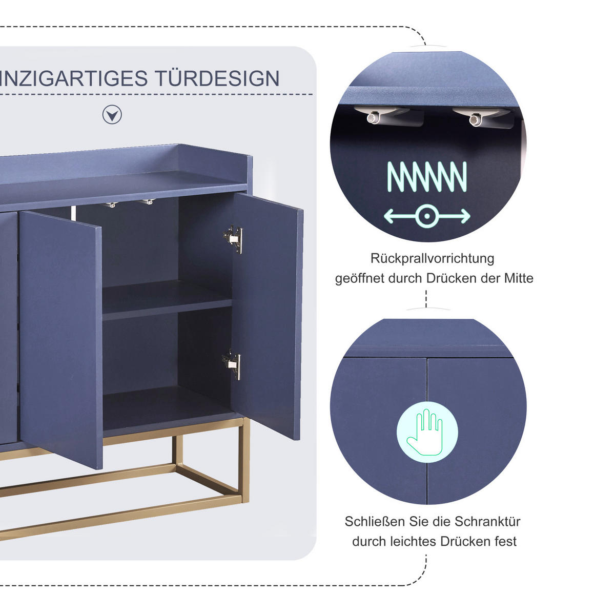 SIDEBOARD, Kommode mit 4 Türen, Verstellbaren Einlegeböden und goldenen Metallrahmen, Blau - Blau, Holz (30/80/120cm)