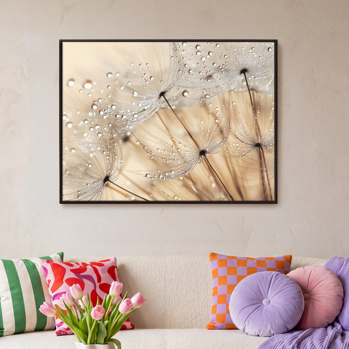 LEINWAND Bilder mit Rahmen - Löwenzahn - Abstrakt - Natur - Beige - 100x70 - Braun, Textil (100/70cm) - MuchoWow