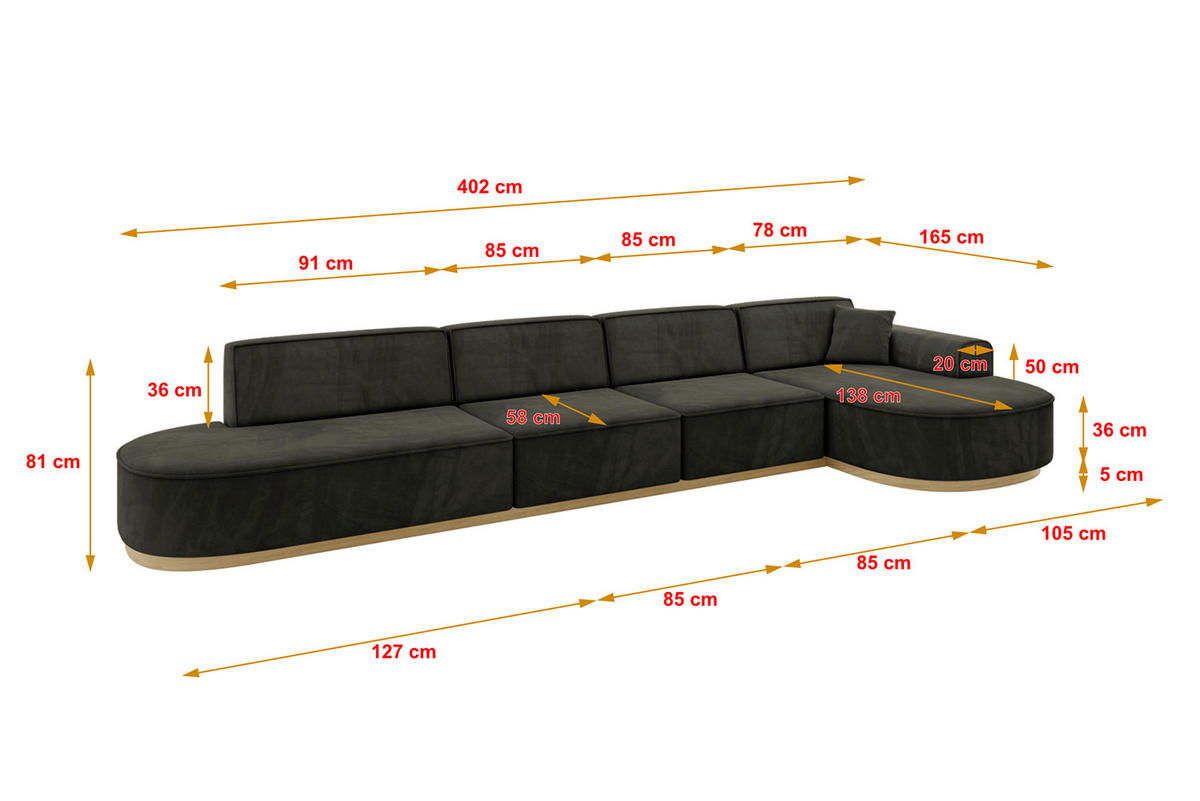 ECKSOFA Ottomane Rechts MARI-L3-v2 - 413x171x83 cm Schwarz Velours - Schwarz, Holzwerkstoff/Textil (171/413cm) - ALTDECOR