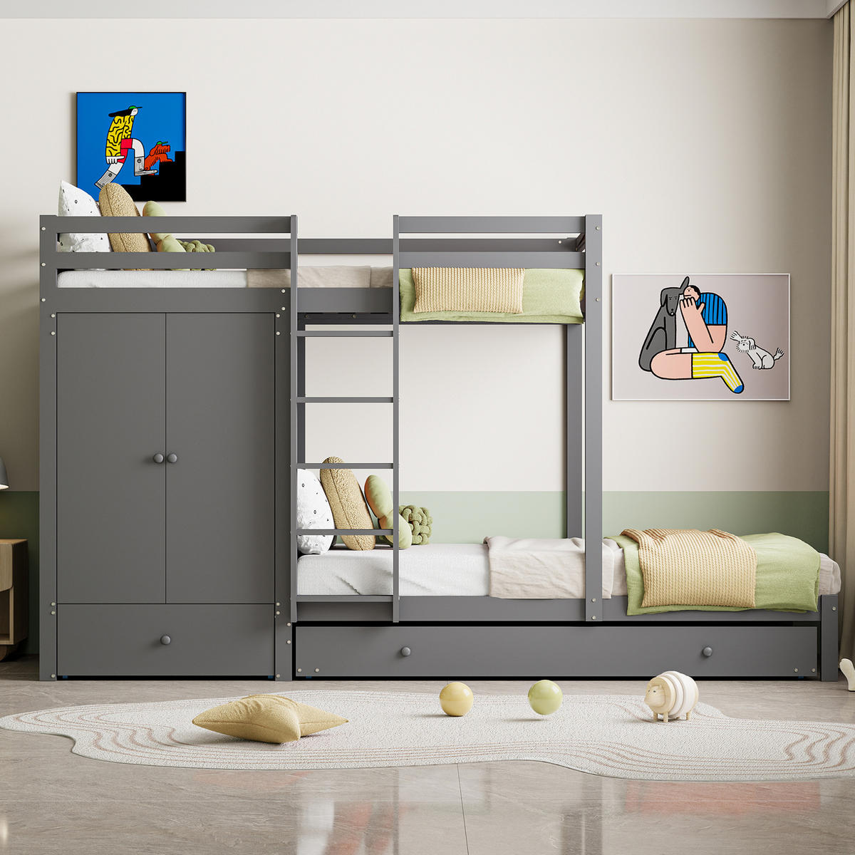 ETAGENBETT 90/200 cm Grau aus Holz mit Ausziehbett und Kleiderschrank - Grau, Holz (90/200cm) - Flora Grace