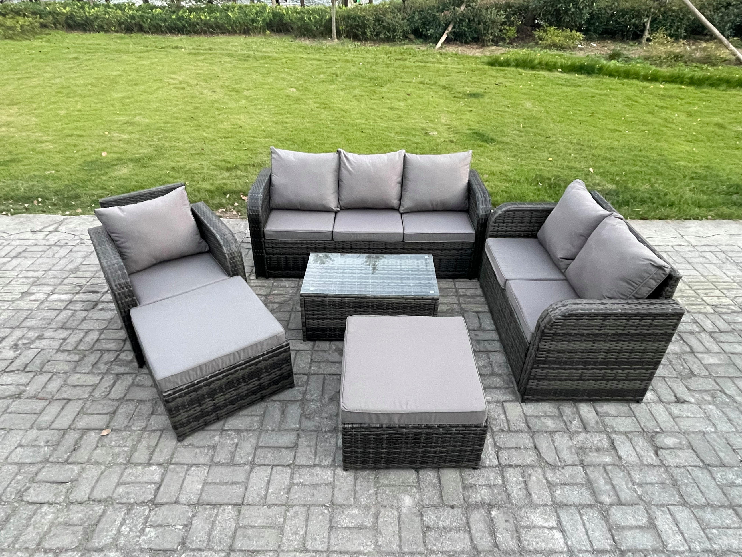GARTENMÖBELGARNITUR mit KISSEN Polyrattan Dunkelgrau 9-Sitzer - Dunkelgrau/Grau, Glas/Kunststoff - Fimous