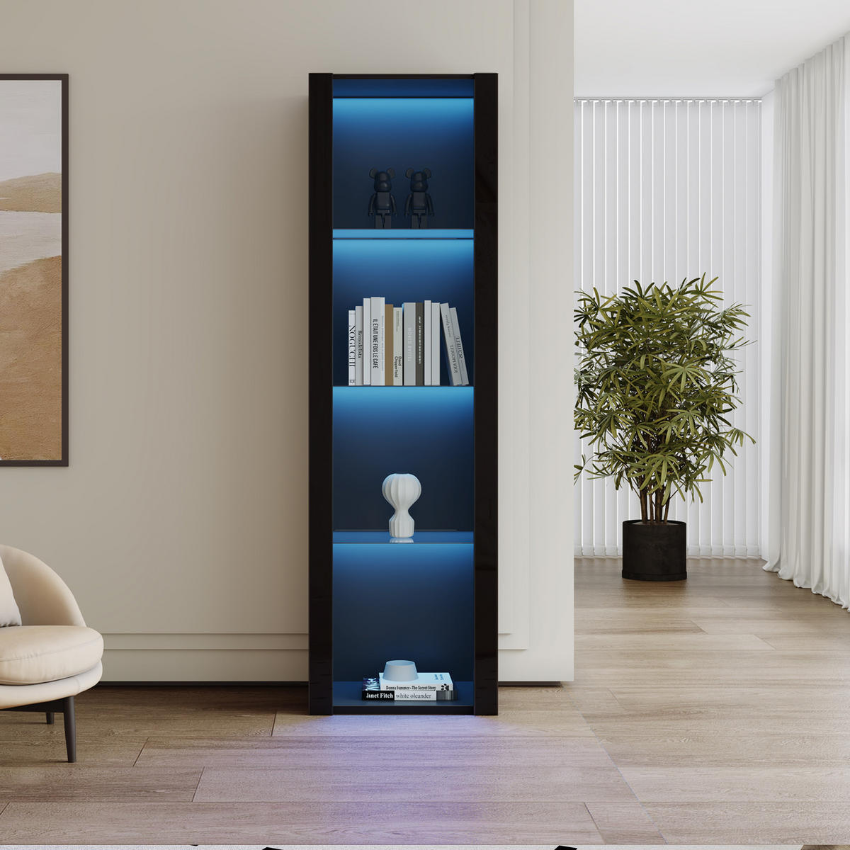 VITRINE 55/38/166 cm schwarz aus Spanplatte mit LED und 3 Glasböden - Schwarz, Holzwerkstoff (55/166/38cm) - OKWISH