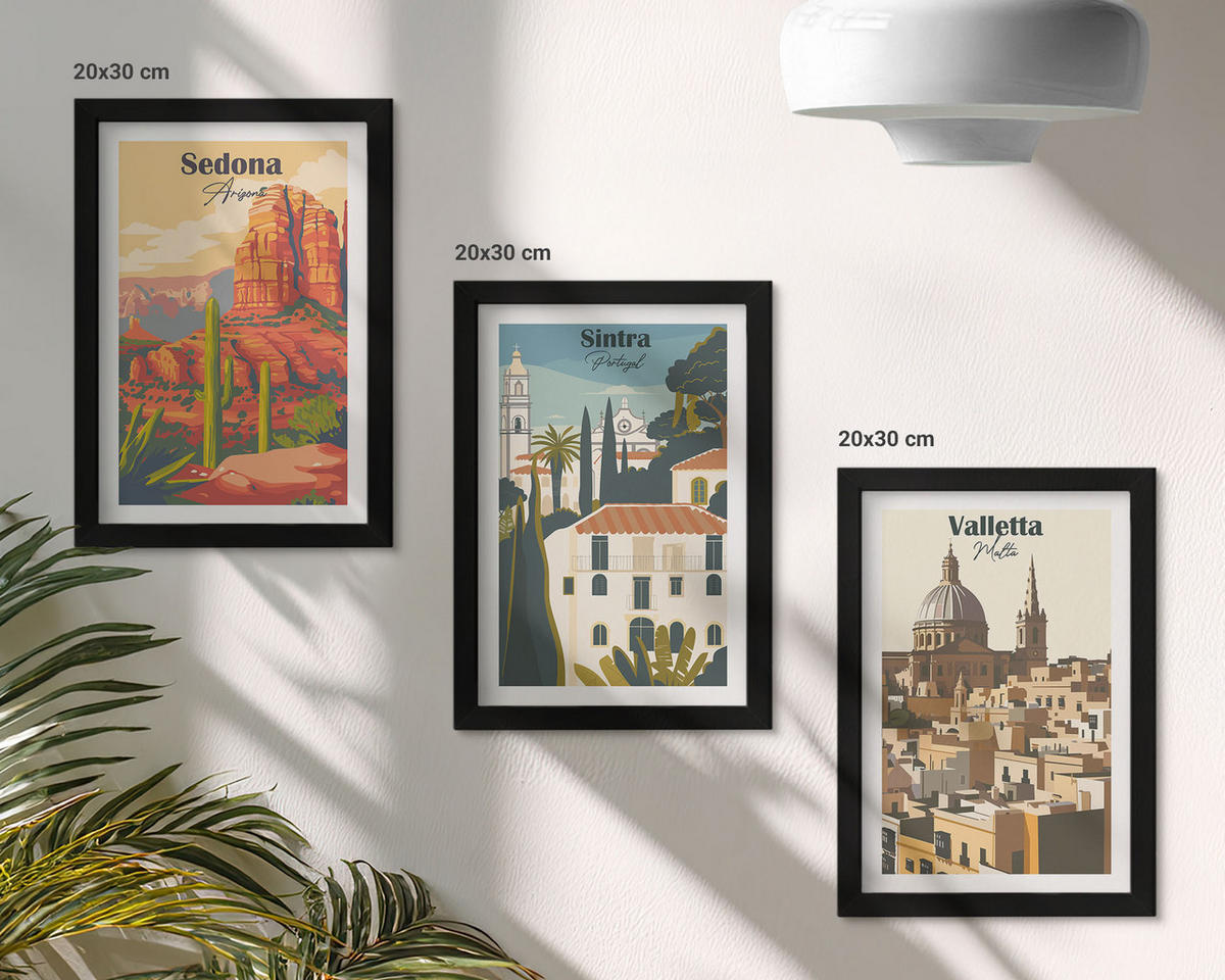 WANDBILDER 3er-Set - 20x30 cm Schwarzer Rahmen - Ansichten Sedona Sintra Valletta Retro - Schwarz, Kunststoff (20/30cm) - ArtPrintCave