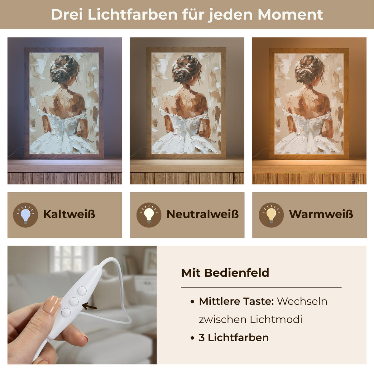 NÁSTĚNNÁ LAMPA Žena - malba - abstraktní - béžová - moderní 20x30 cm - světle hnědá, kompozitní dřevo (20/30/8cm) - OnlyWow