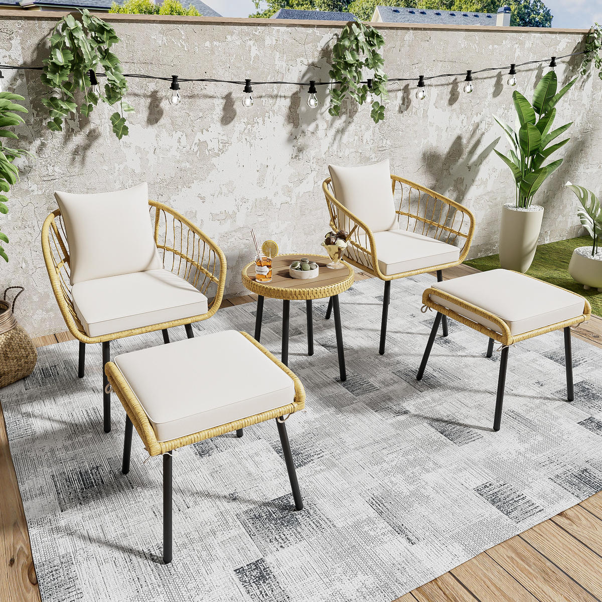 GARTENSETS aus Rattan Natur mit Sitzkissen & verzinktem Eisenrahmen - Naturfarben, Metall - Modfu