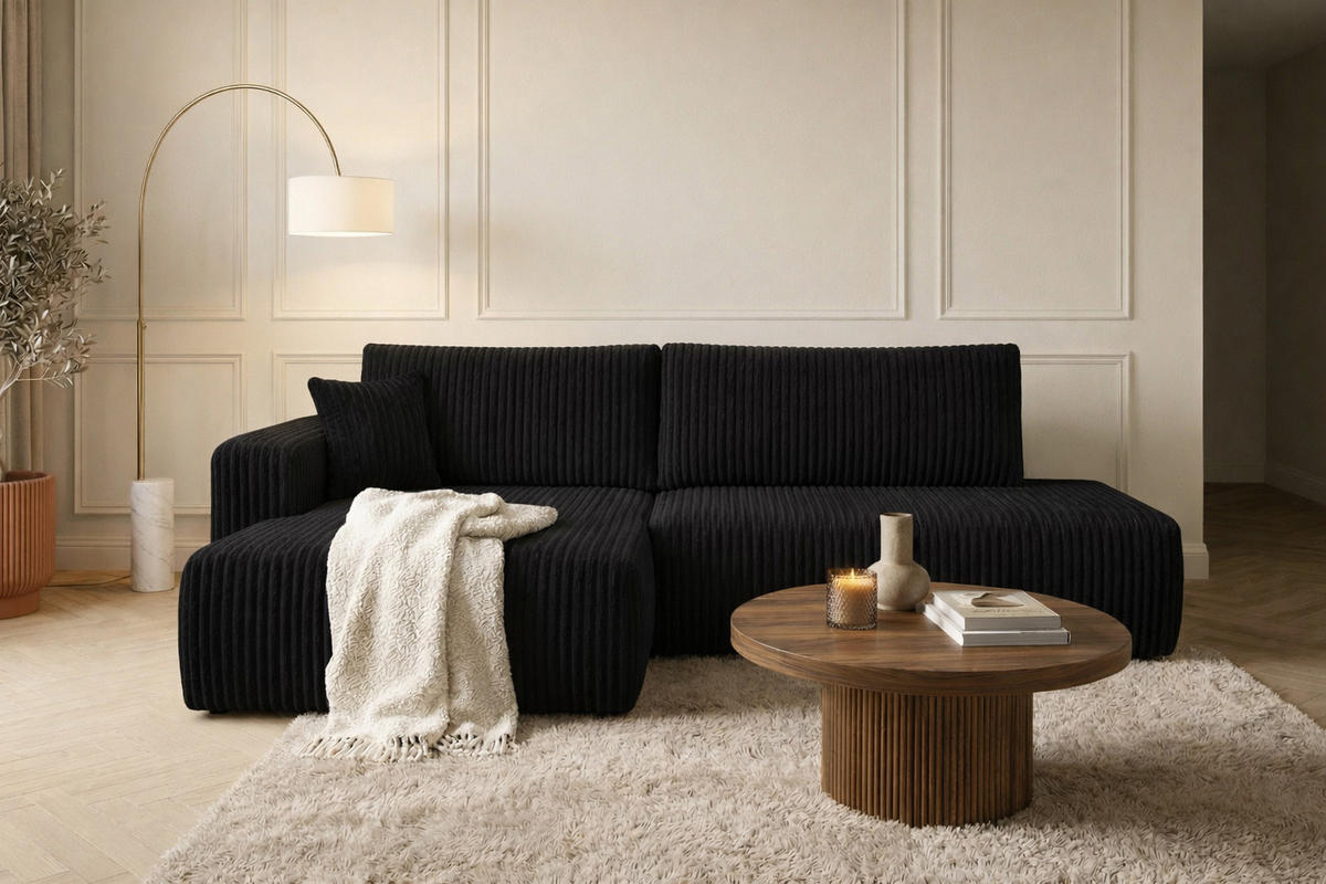 ECKSOFA Mit Schlaffunktion Und Bettkasten, Cordstoff Tilia, Schwarz, Links, OPEN XL - Schwarz, Holz (262/145cm) - Kaiser Möbel