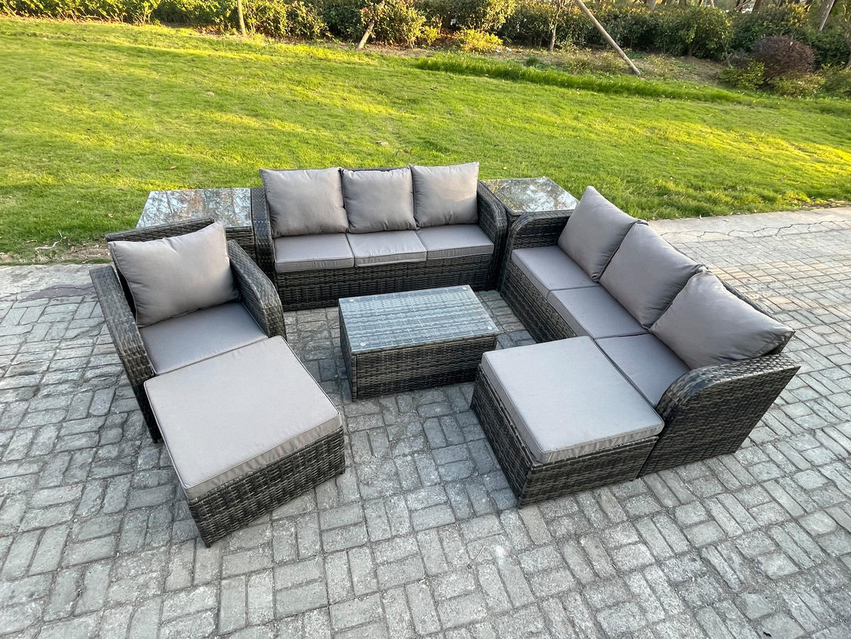 GARTENMÖBEL-SET mit Kissen Polyrattan Dunkelgrau 9-Sitzer - Dunkelgrau/Grau, Glas/Kunststoff - Fimous