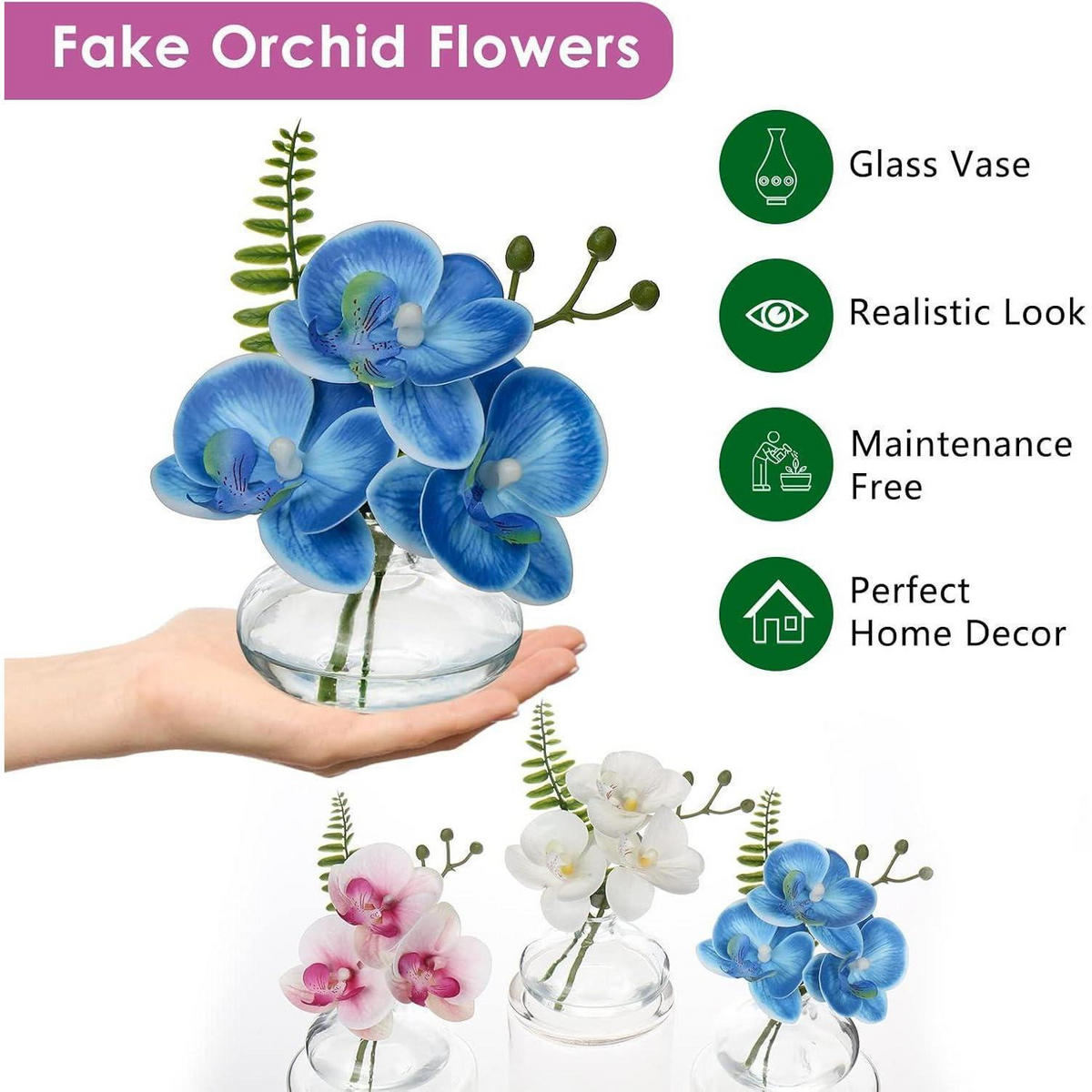 KUNSTBLUMEN 3er Set Phalaenopsis blau mit Glasvase - Blau, Kunststoff (12cm)