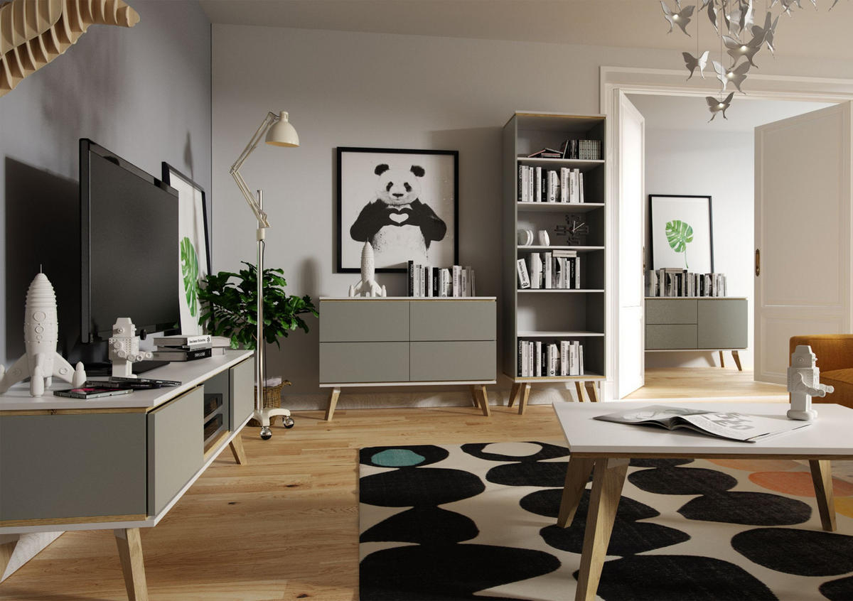 TV-SCHRANK Jorgen, Grau/Weiß/Eichefarben, 160 Cm - Eichefarben/Grau, Eichenholz/Holzwerkstoff (160/45/50cm) - Skandica