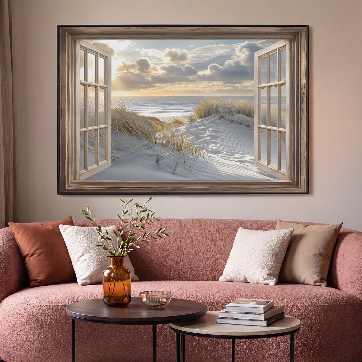 LEINWAND Bilder mit Rahmen - Ausblick - Strand - Dünen - Meer - Natur - 120x80 - Sandfarben, Textil (120/80cm) - MuchoWow