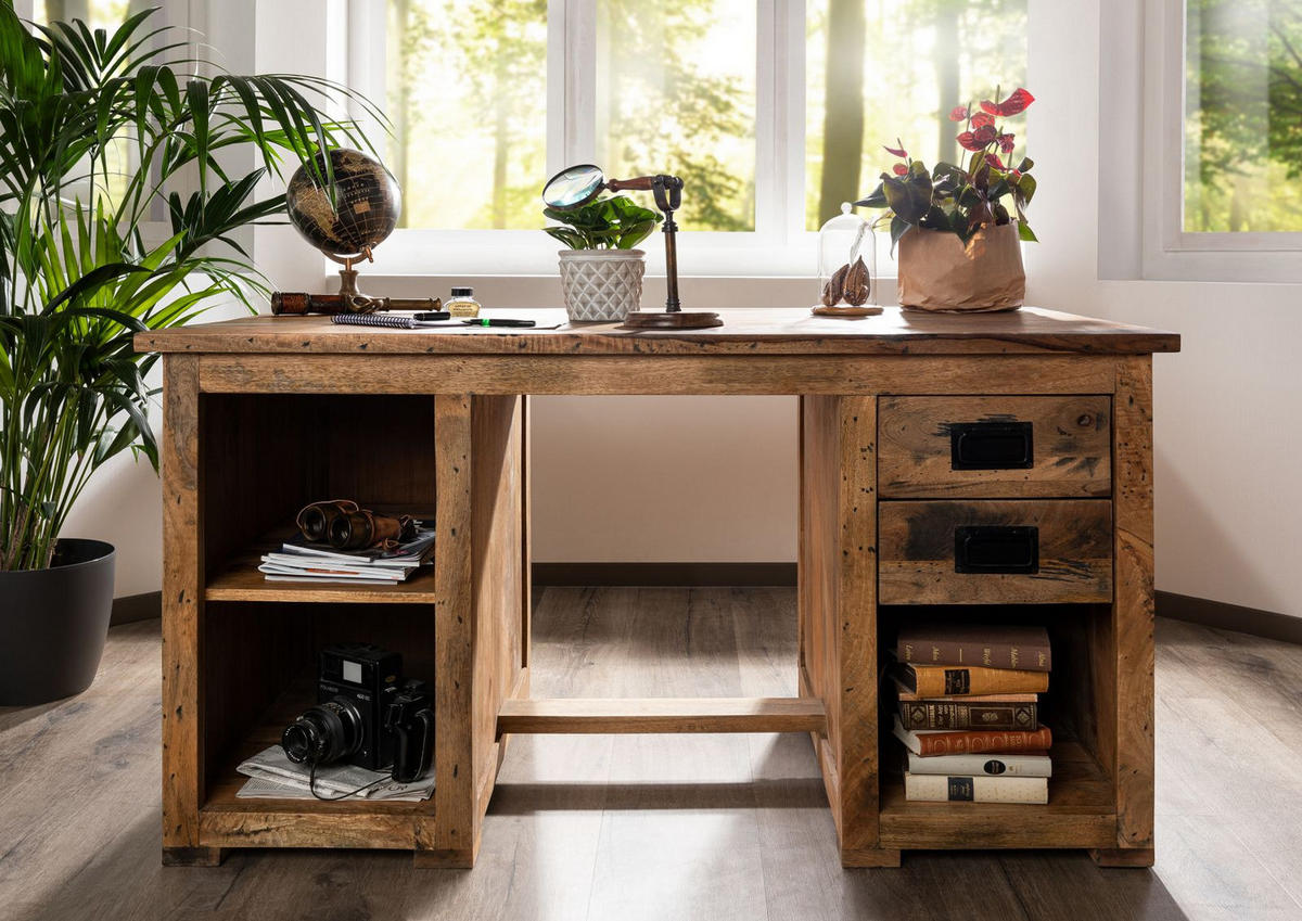 SCHREIBTISCH Mango 140x80x76 natur lackiert RAILWAY #161 - Braun, Holz (80/140/76cm) - Massivmoebel24