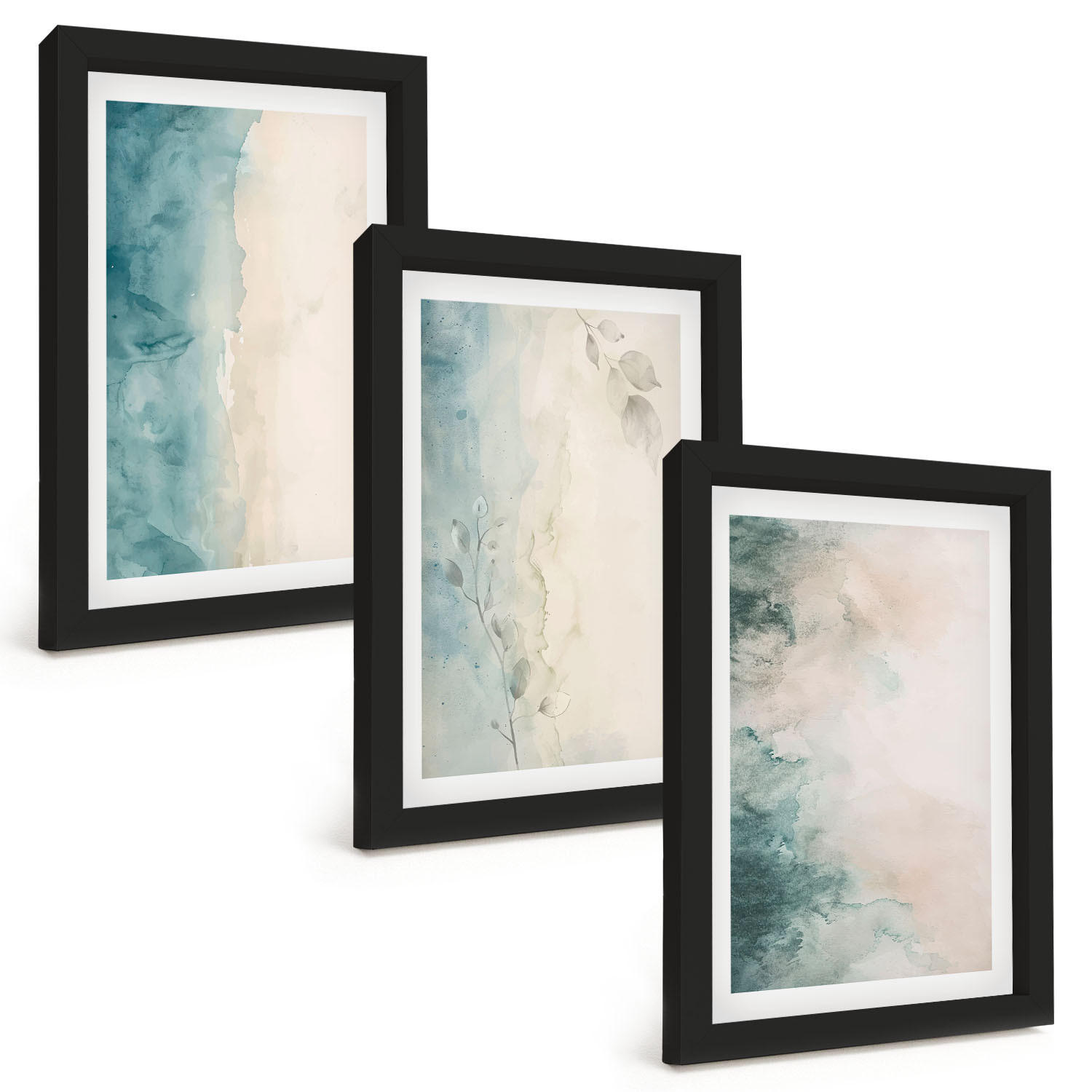 BILDER SET 3er Set - 20x30 cm Schwarzer Rahmen - Minimalismus auf Aquarellleinwand - Schwarz, Kunststoff (20/30cm) - TULUP