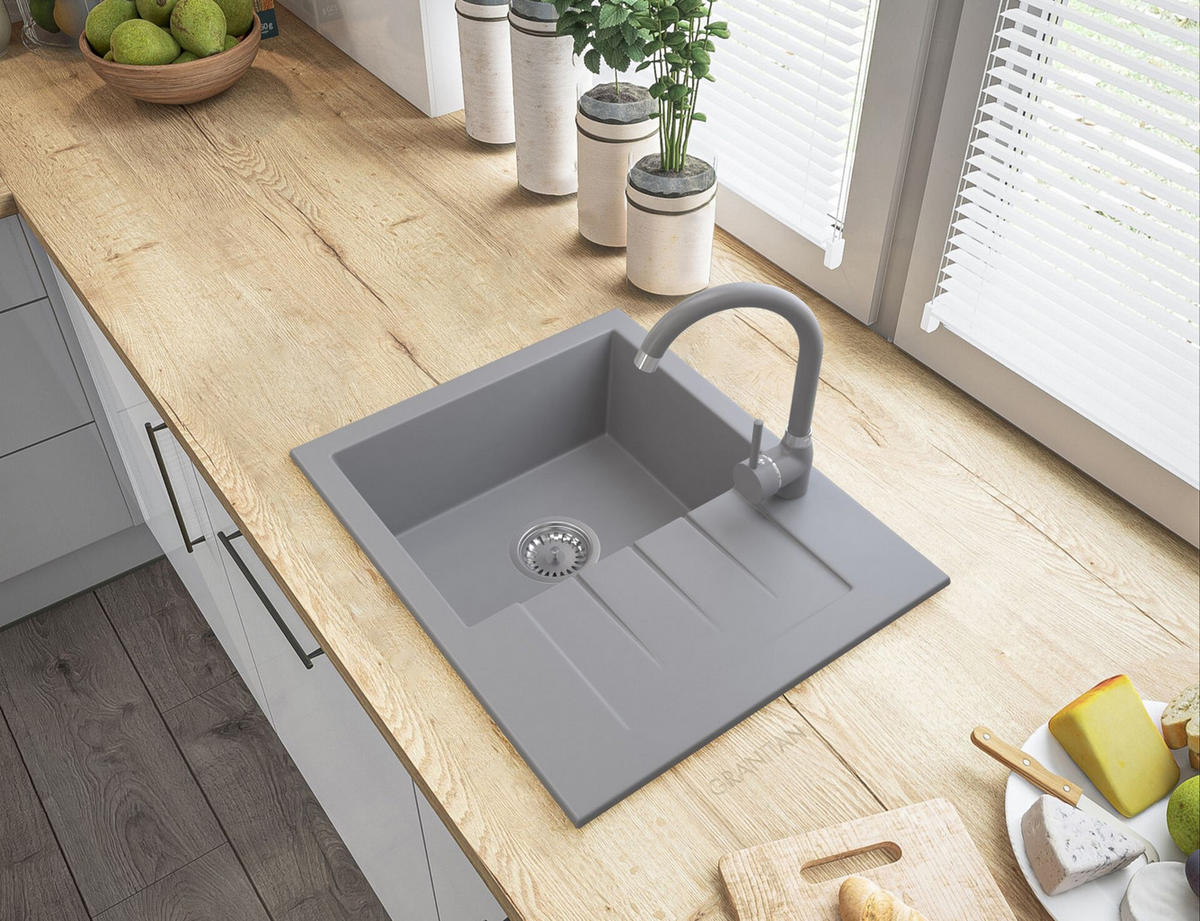 SPÜLBECKEN Milano mit Batterie Siphon - Grau, Kunststoff/Stein (46/16/57cm) - Granitan