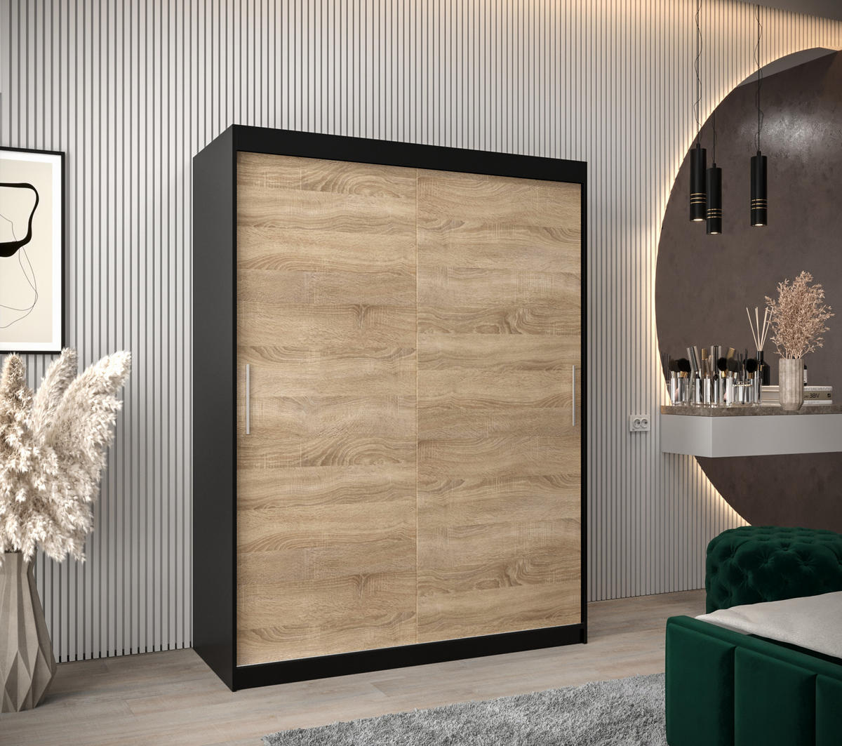 SCHWEBETÜRENSCHRANK 200/150/62 2-türig - Silberfarben/Schwarz, Holz/Kunststoff (150/200/62cm) - Abiks Möbel