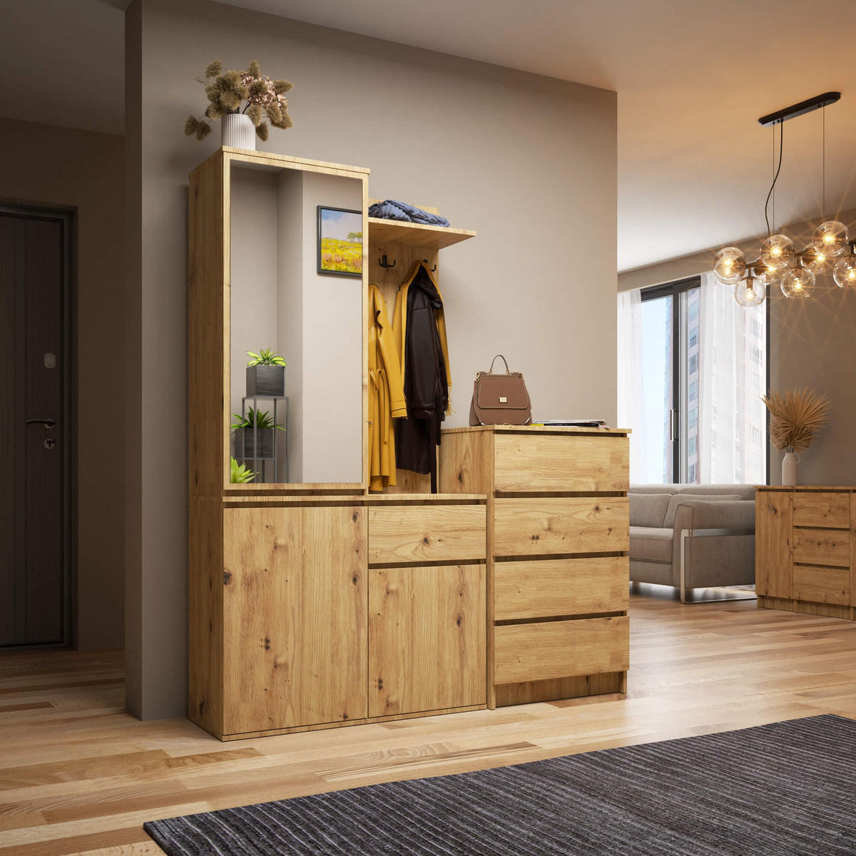 GARDEROBE Entro mit Spiegel, Eiche Artisan, 95x183x35 cm - Eiche Artisan, Holzwerkstoff (95/183/35cm) - Akord