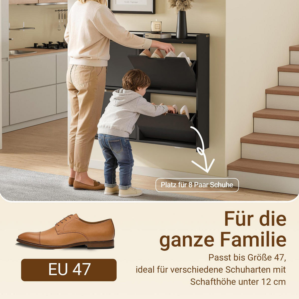 SCHUHSCHRANK mit 4 Klappen und Sensorlicht Schwarz 100x19x93cm - Schwarz, Holzwerkstoff (19/93/100cm) - SoBuy