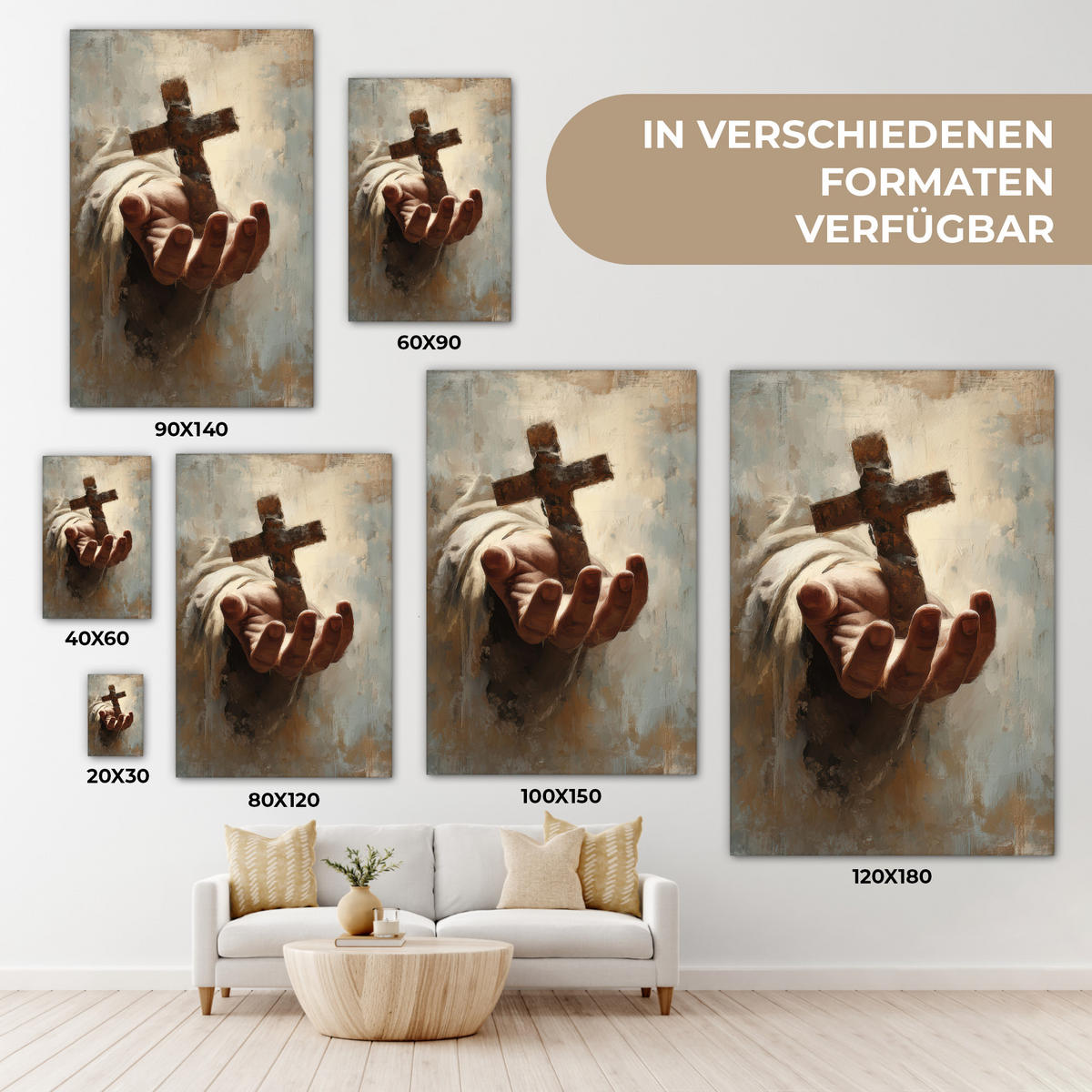 LEINWANDBILD Abstrakt - Kreuz - Hand - Christentum Deko Groß 90x140 cm - Hellbraun, Textil (90/140cm) - MuchoWow