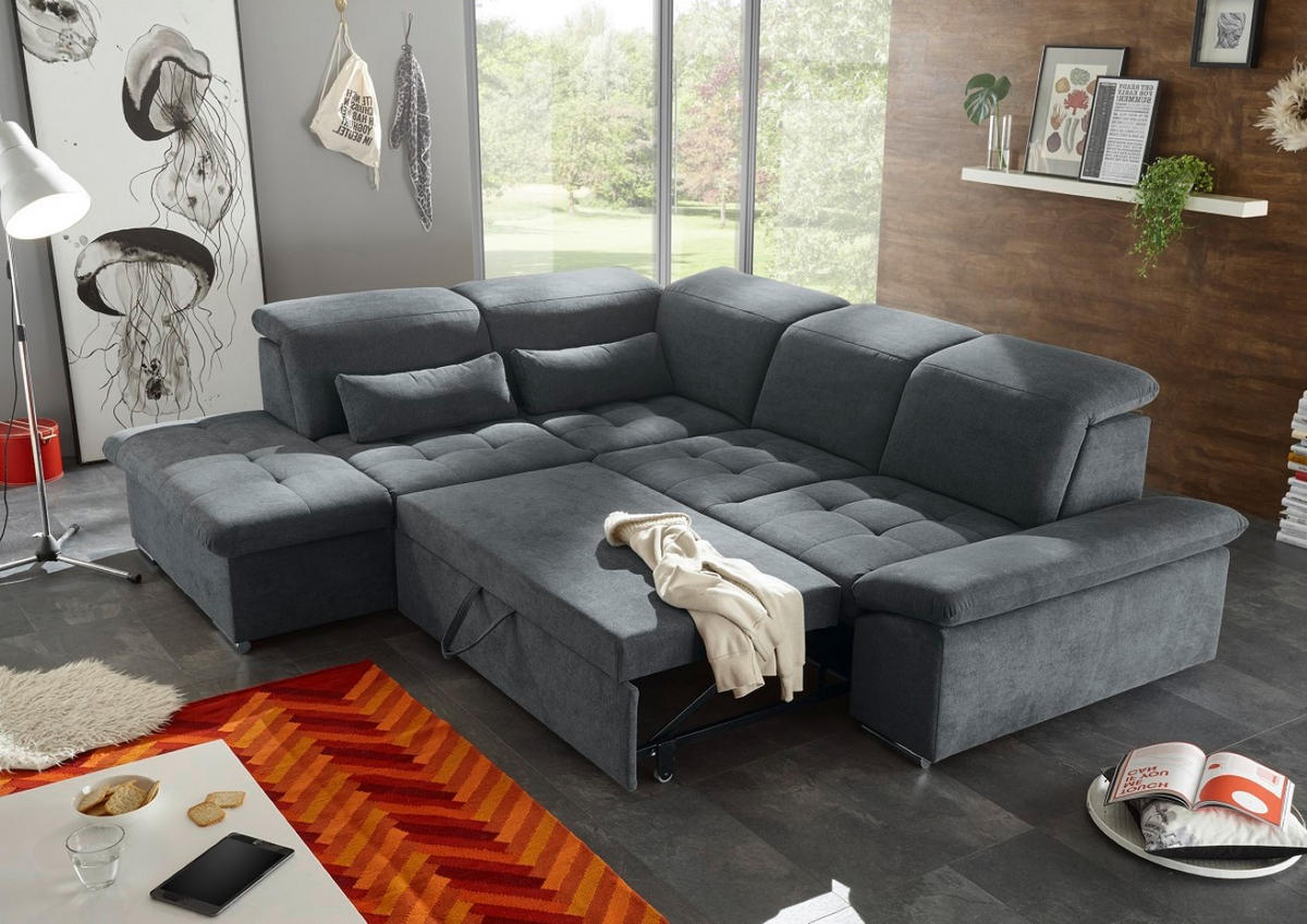 ECKSOFA mit Schlaffunktion mit Bettkasten und verstellbaren Kopf- und Rückenlehnen - Chromfarben/Dunkelgrau, Textil (276/240cm) - ed exciting design