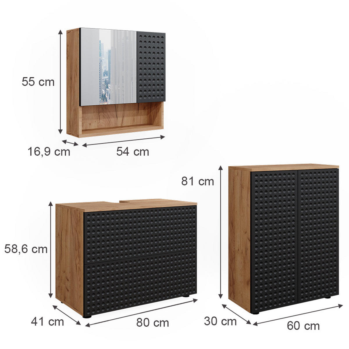 BADMÖBEL-SET Irma Anthrazit gepunktet 3 Teile, mit Unterschrank 80 cm - Anthrazit/Eiche Wotan, Holzwerkstoff (80/58/41cm) - Vicco