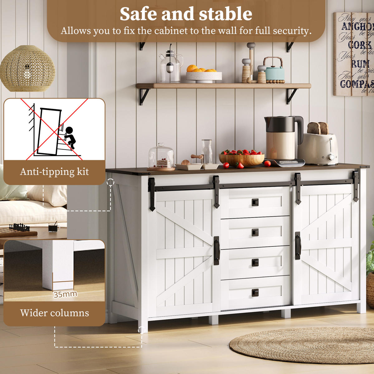 SIDEBOARD im modernen Landhausstil mit 2 Schiebetüren und 4 Schubladen, MDF, 137/40/81,5 cm, Weiß - Weiß, Holzwerkstoff (137/81.5/40cm) - Redom