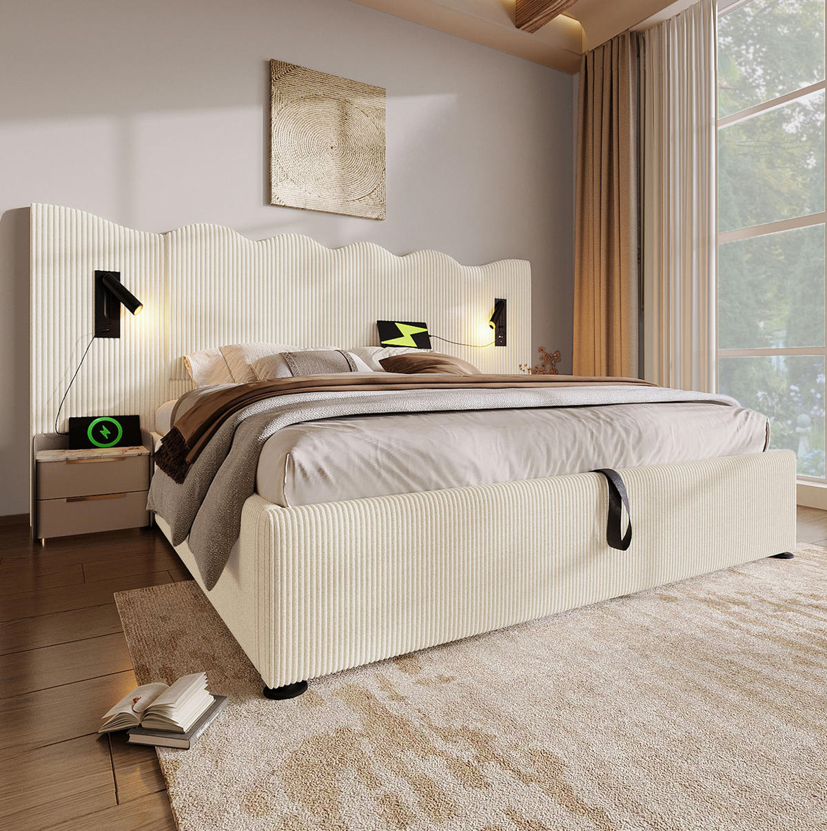 BETT mit Stauraum und Leselampe 180x200 cm Cord Beige-Weiß - Beige, Metall (180/200cm) - Meubliv