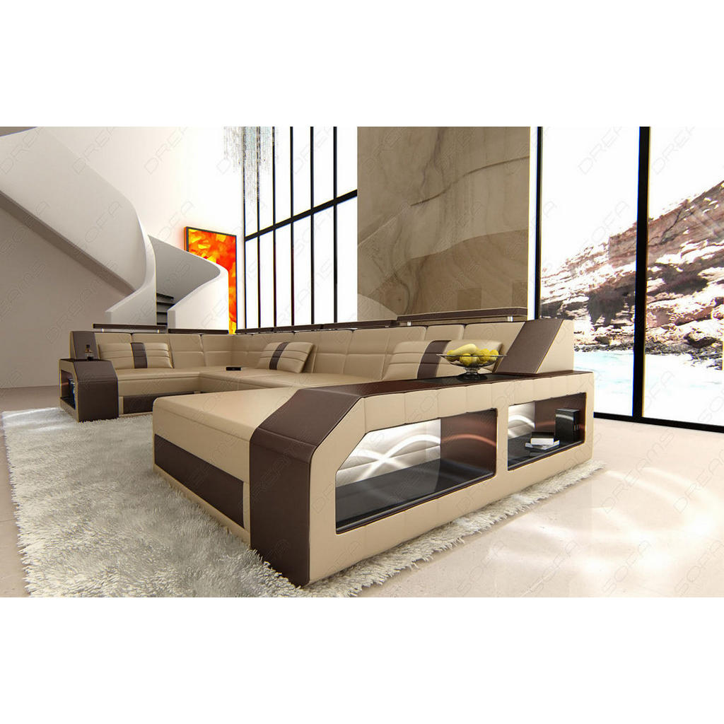 Thumbnail - Sofa Dreams Wohnlandschaft, Beige, Leder, Freiform, 380x86x197 cm, Wohnzimmer, Sofas & Couches, Wohnlandschaften, Wohnla...