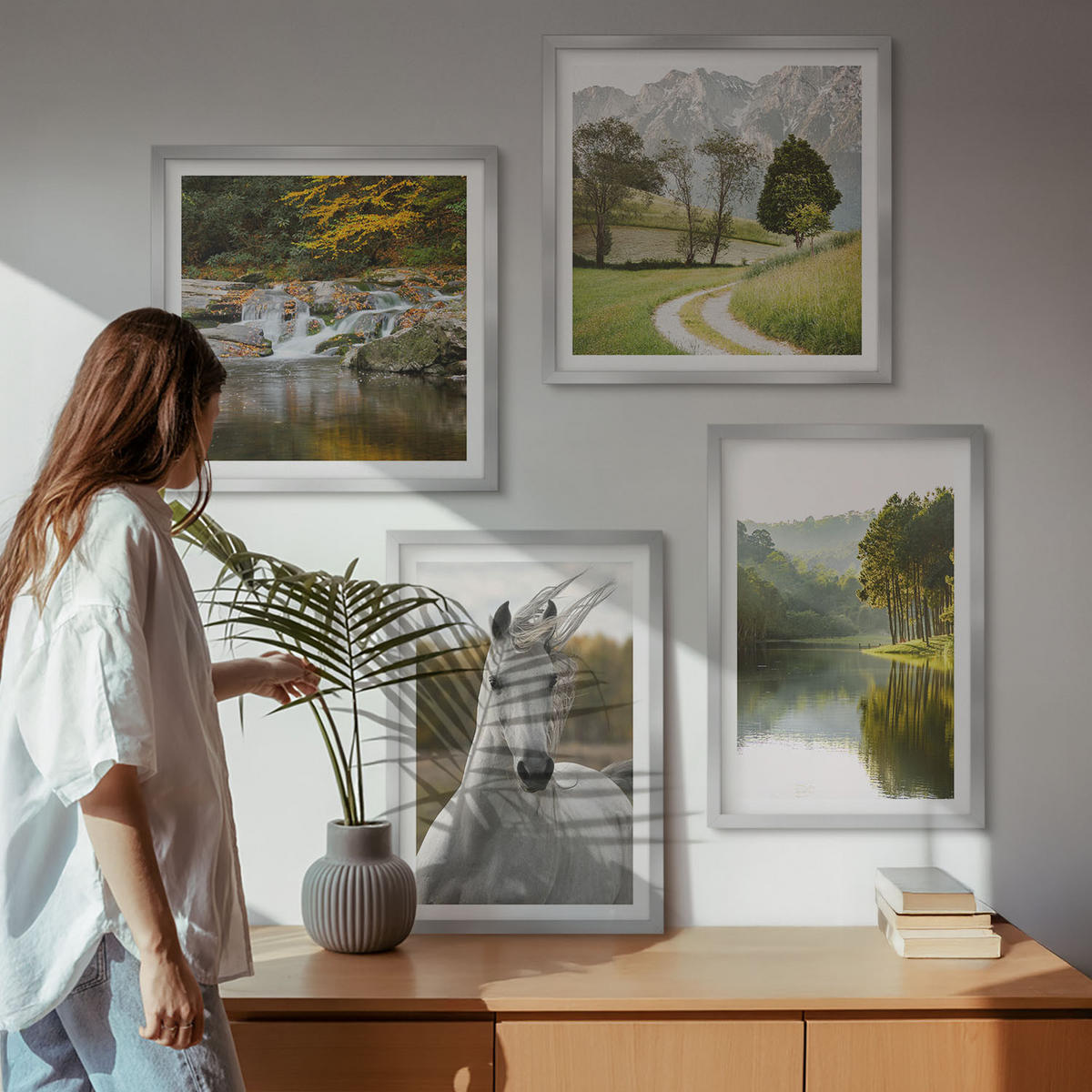 WANDBILDER 4er Set - 50x50 cm & 40x60 cm Silberner Rahmen - Natur des Flusses White Horses - Silberfarben, Kunststoff (50/50cm) - ArtPrintCave