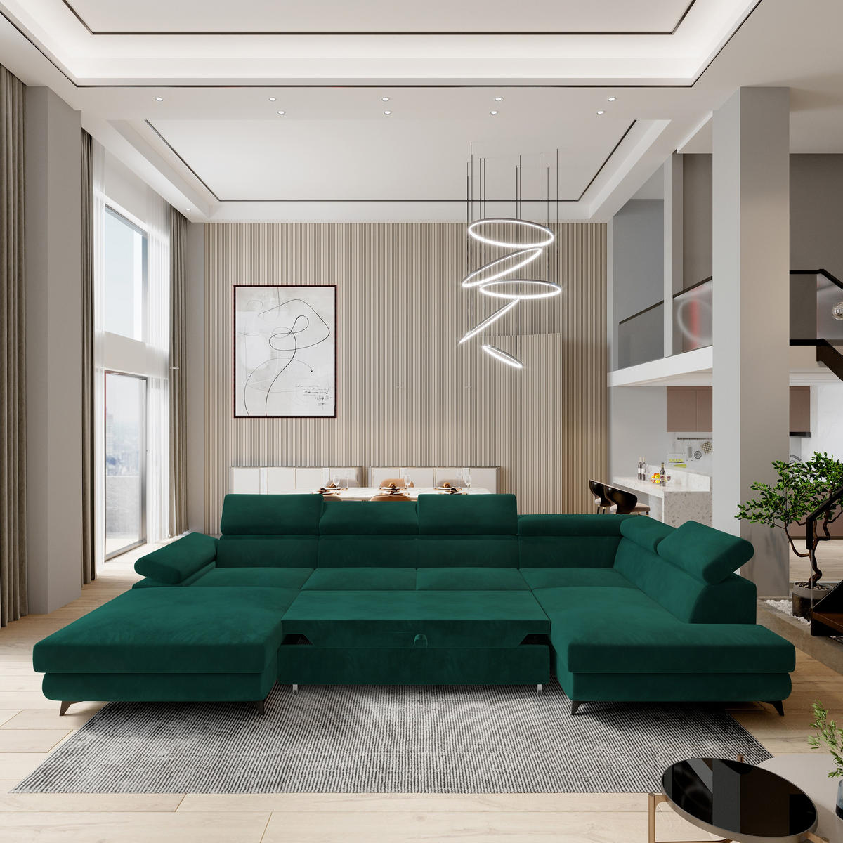 WOHNLANDSCHAFT RUBANO R-S Grün Velours-Stoff mit Schlaffunktion - Grün, Holz (339/89/190cm) - MASSENO