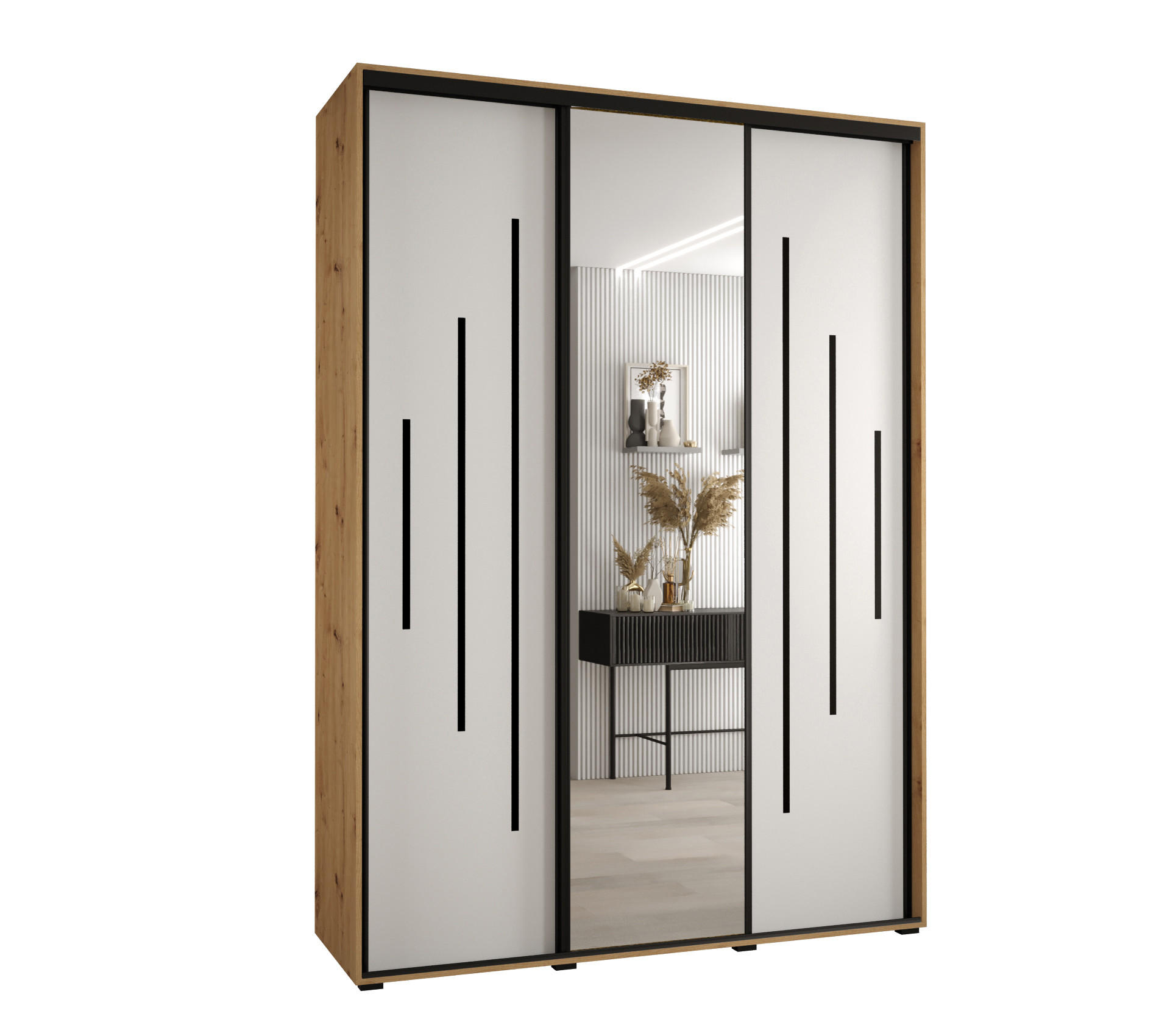 Abiks Möbel Schwebetürenschrank Eiche Artisan, Weiß, Schwarz 180x235x45 cm