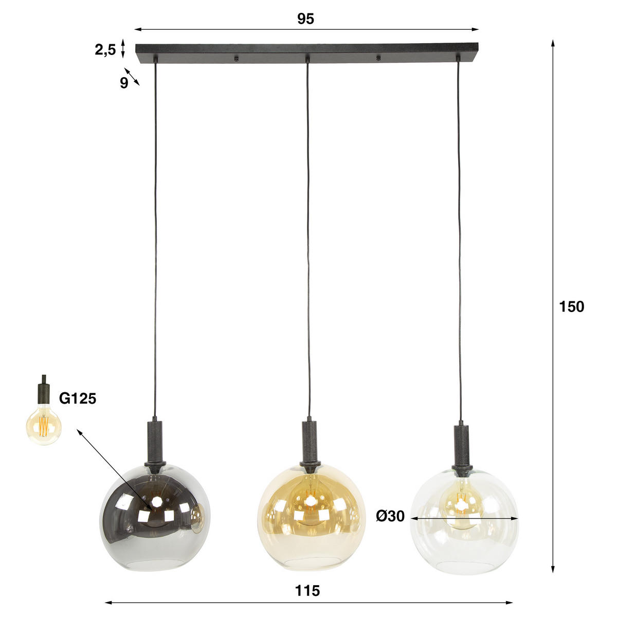HÄNGELAMPE Sfera Schwarz 30/115/150 cm - Schwarz, Glas (30/115/150cm) - Hoyz Collection