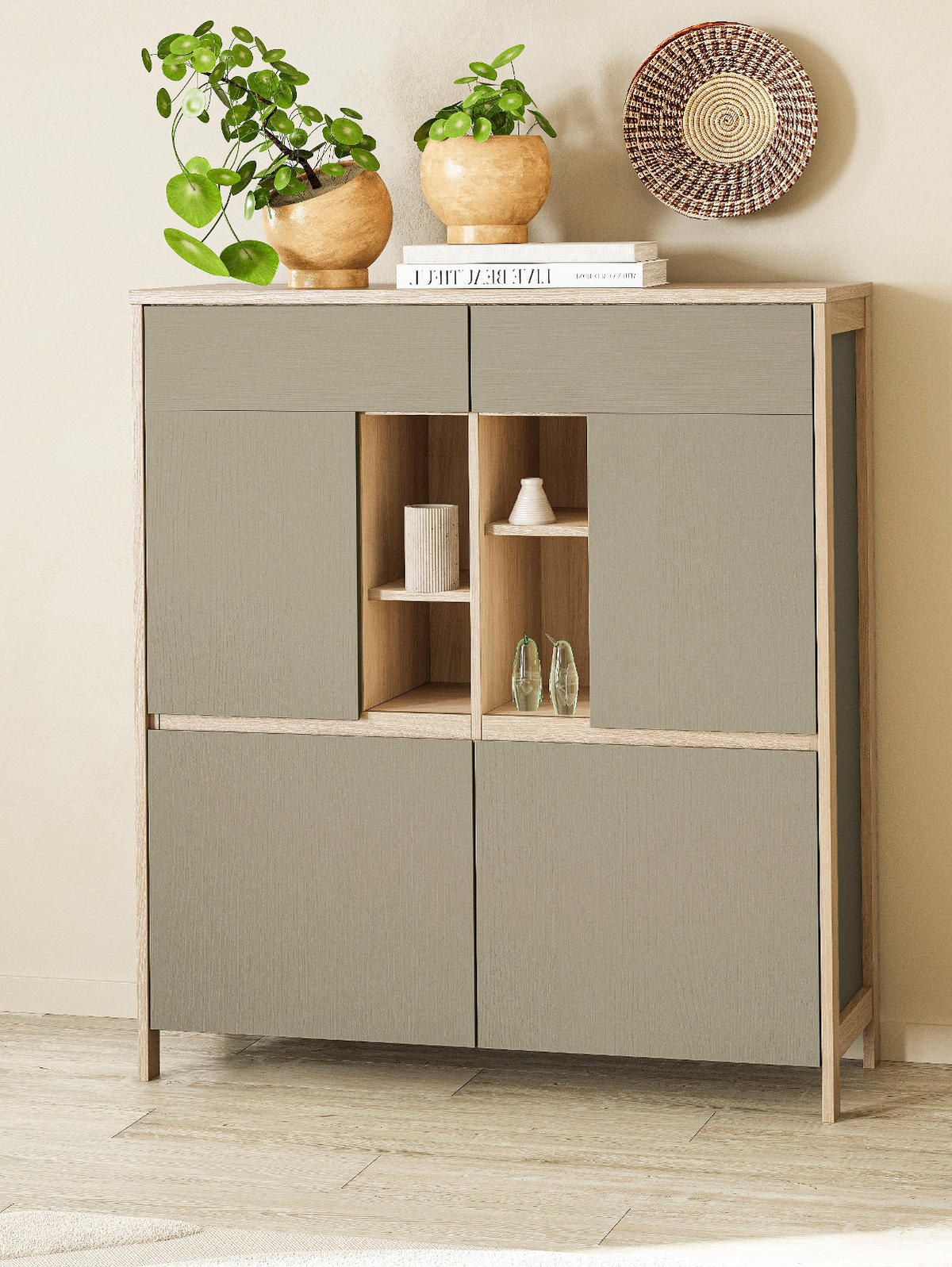 HIGHBOARD Salbei grün, Eiche 111 x 125 cm, Kommode skandinavisch mit Soft-Close - Salbeigrün/Eichefarben, Holzwerkstoff/Metall (111/125/39cm) - Furn.Design