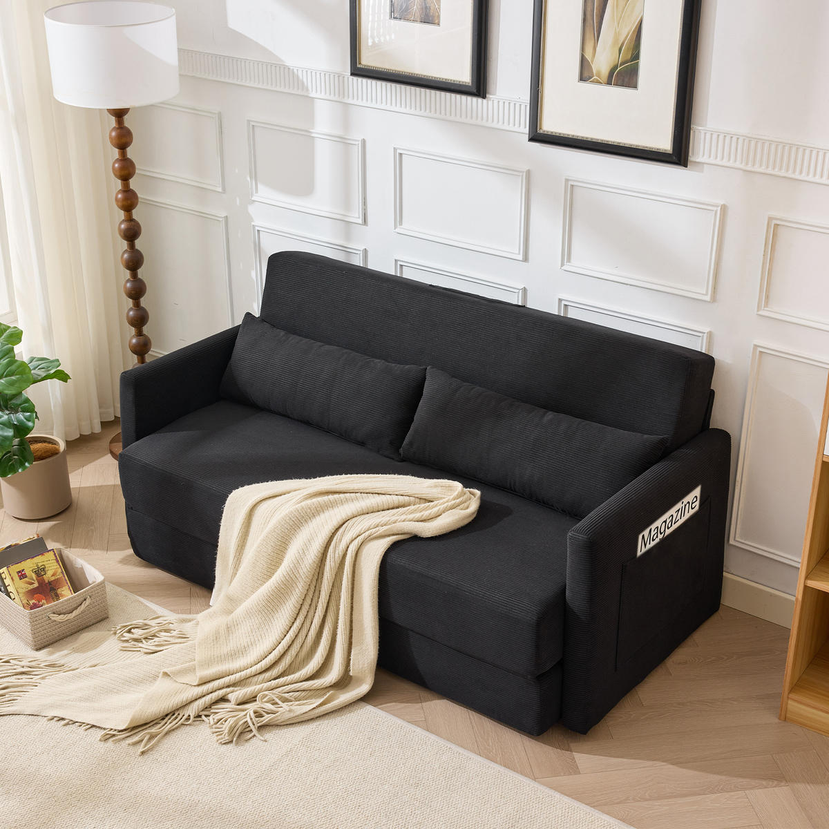 2-SITZER SCHLAFSOFA Cord Schwarz mit 2 Lendenkissen und Magazintaschen - Schwarz, Holzwerkstoff/Textil (165/67/212cm) - WISHDOR