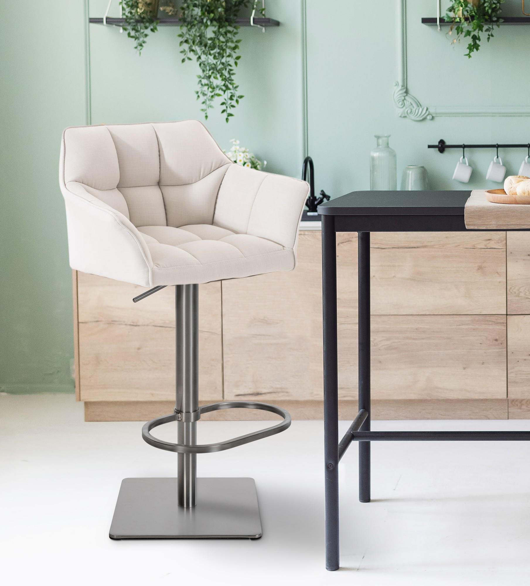 BARHOCKER 2er Set Stoff Weiß - Edelstahlfarben/Weiß, Textil/Metall (64/88/45cm) - CLP