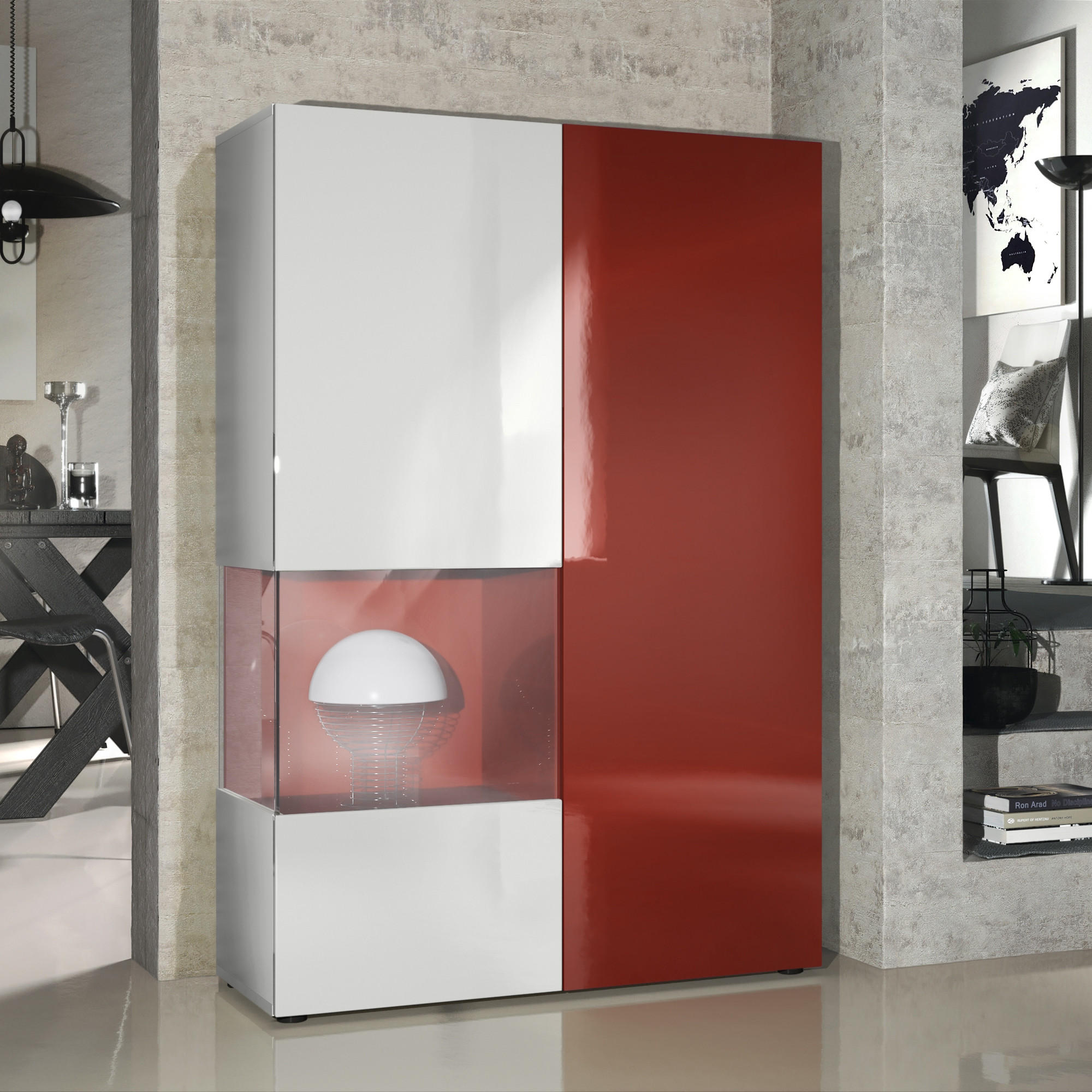 VITRINE Morena Tür und Einsatz in Bordeaux Hochglanz - Bordeaux, Holzwerkstoff (91.5/136.5/37cm) - Vladon