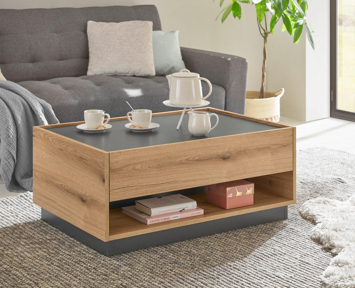 COUCHTISCH Eiche Evoke, grau 90 x 60 cm, Wohnzimmertisch mit Stauraum - Schwarz/Naturfarben, Holz/Holzwerkstoff (90/90/1cm) - Furn.Design