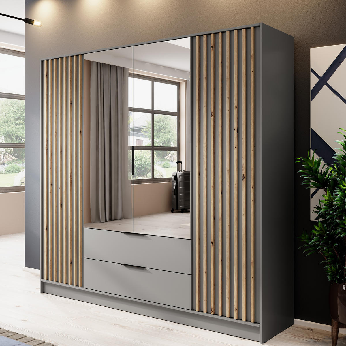 KLEIDERSCHRANK Stilo in Grau, vier Türen, mit Spiegel und Lamellen an der Front - Schwarz/Eiche Artisan, Holzwerkstoff/Kunststoff (206/200/51cm) - Ravio