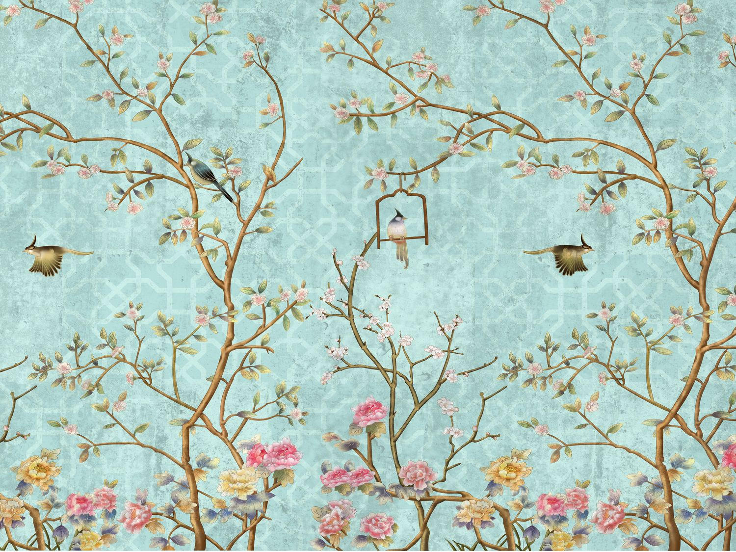 FOTOTAPETE Blumen und Vögel 375 x 270 cm - Blau, Papier (375/270cm) - Sanders & Sanders
