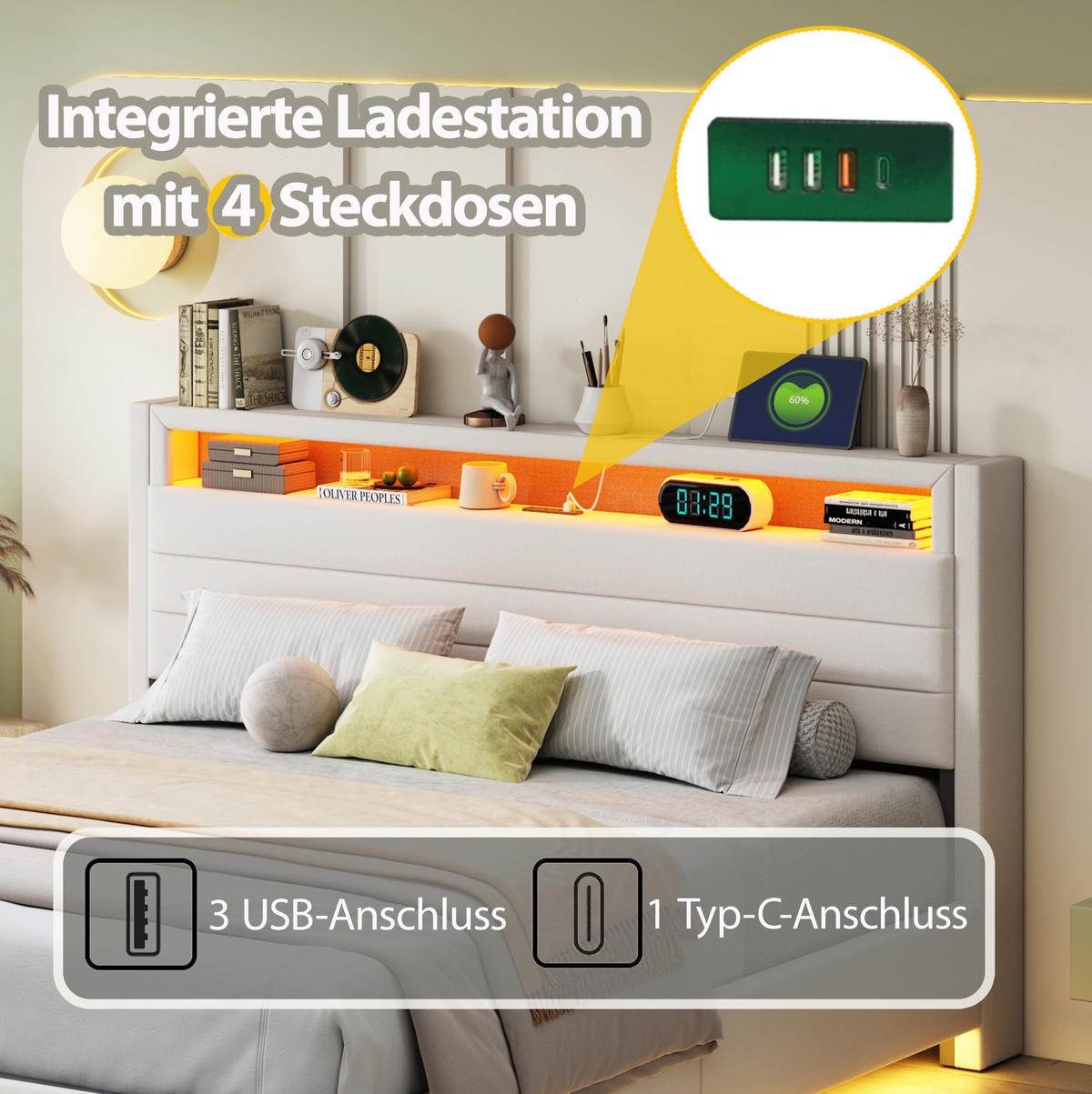 POLSTERBETT 160/200 cm Beige aus Stoff mit Stauraum und LED - Beige, Textil (160/200cm) - OKMYHOME