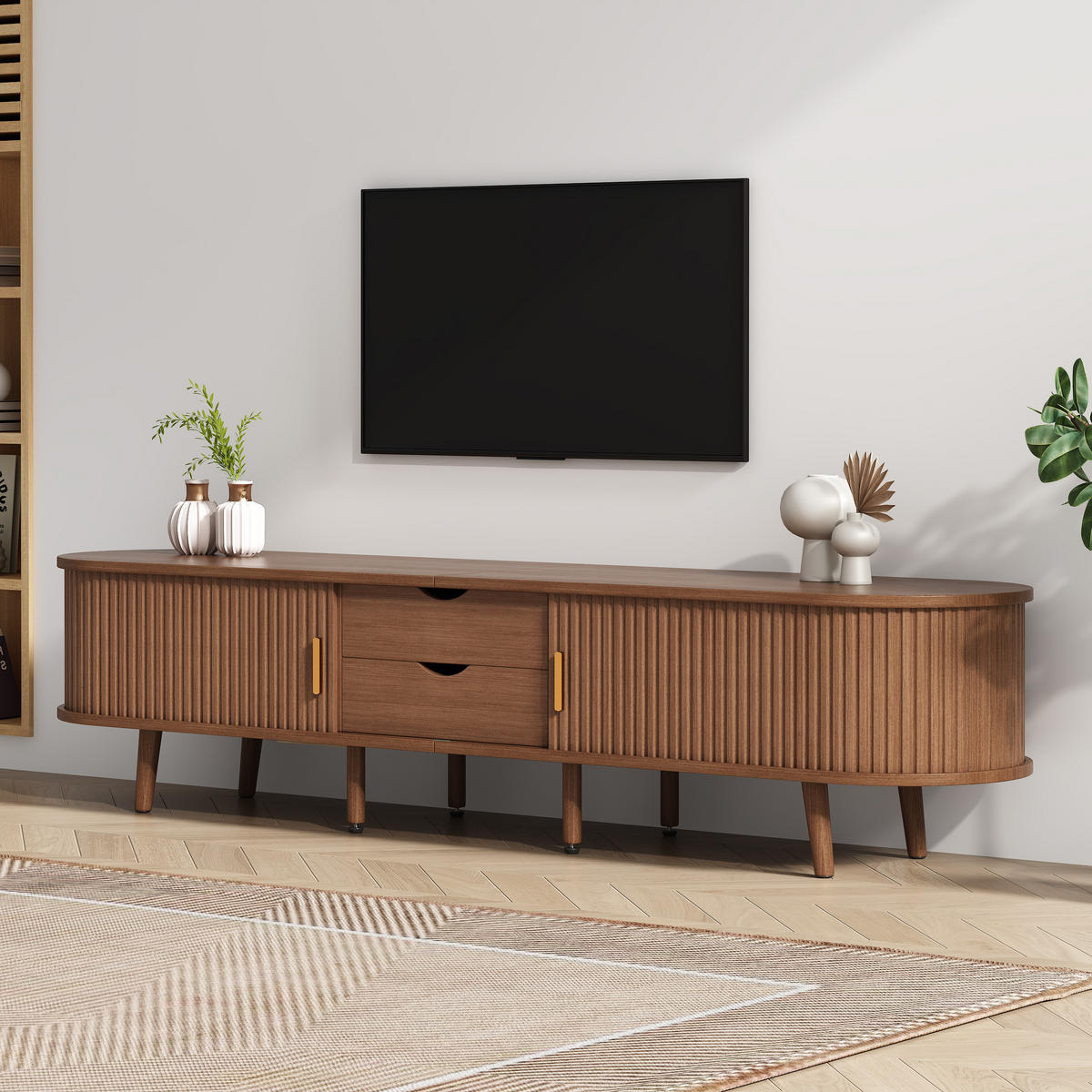 LOWBOARD in Walnussfarben mit Schubladen und Teleskoptüren für Wohnzimmer, B175/T40/H42 cm - Walnussfarben, Holz/Holzwerkstoff (175/42/40cm) - STILVORA