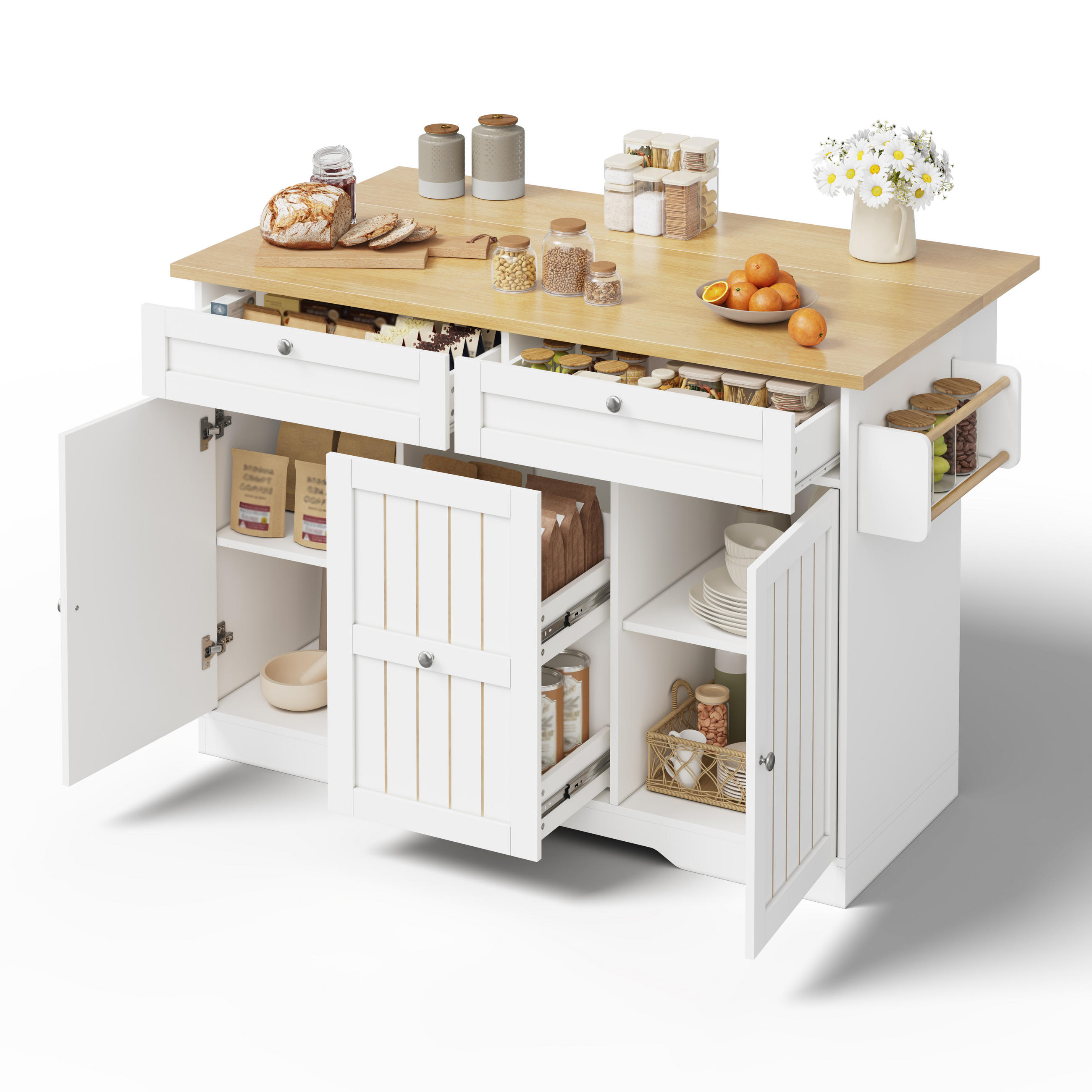 KÜCHENINSEL 120 cm FSC MDF Natur Weiß mit Klappbarer Arbeitsplatte und Vertikalschubladen - Weiß, Holzwerkstoff (70/92/120cm) - Korfee