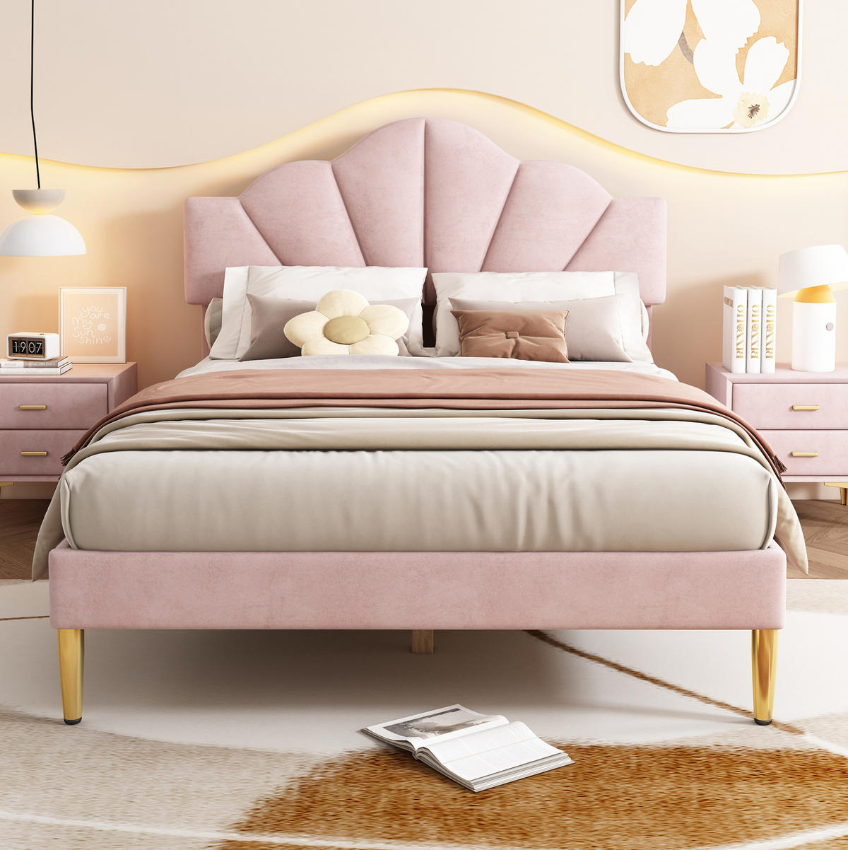 POLSTERBETT aus Samt 140x190 cm Rosa mit höhenverstellbarem Kopfteil und Lattenrost - Rosa, Textil (140/190cm) - IVMEU