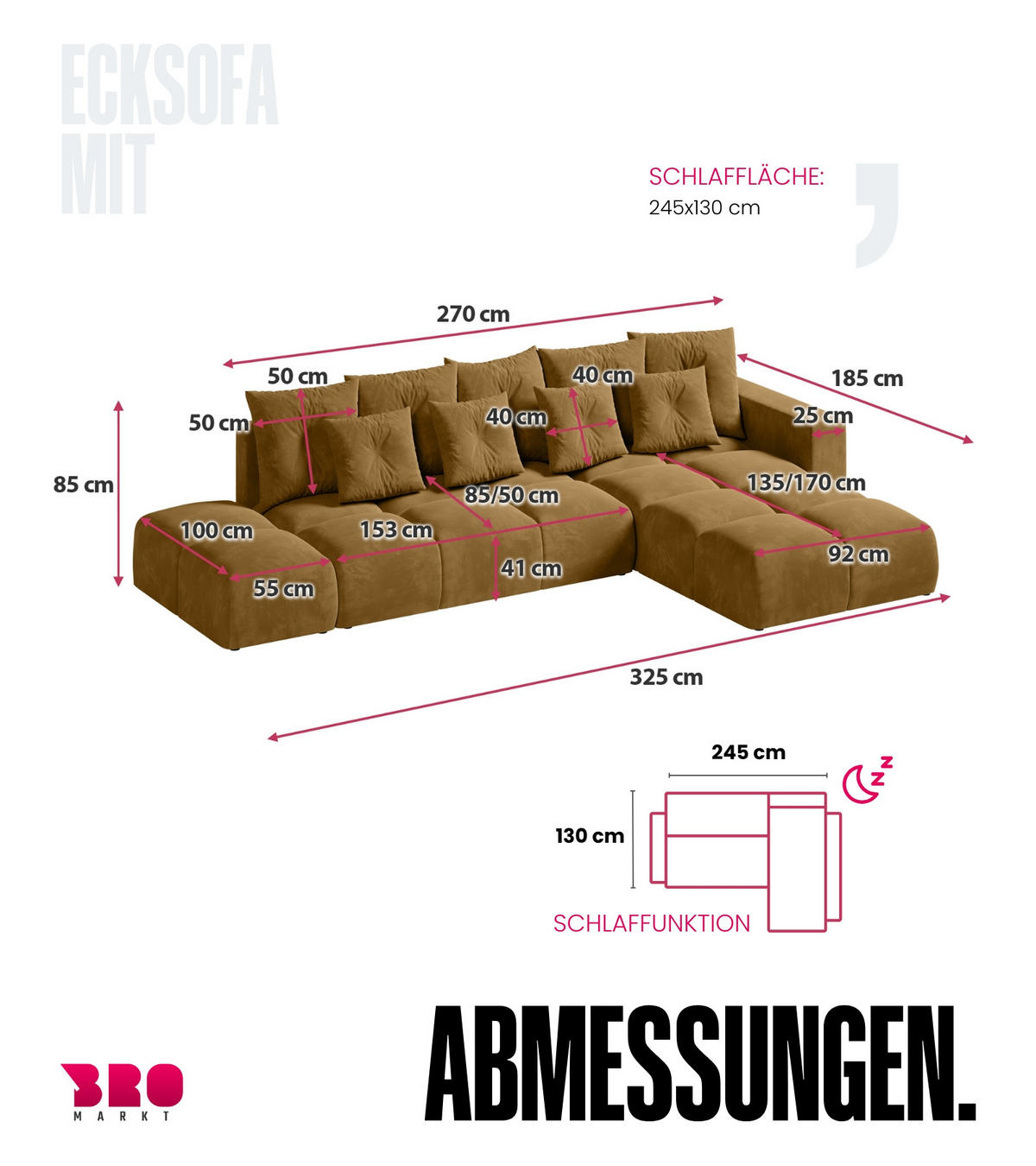 ECKSOFA mit Schlaffunktion RAMIRO Gelb - Gelb, Textil (325/185cm)