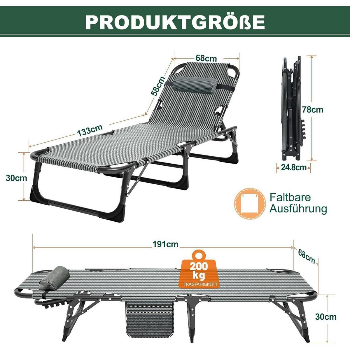 SONNENLIEGE 2er Set klappbar mit Matratze und Kopfstütze 200kg belastbar verstellbare Rückenlehne grau - Grau, Textil (68/30/191cm)