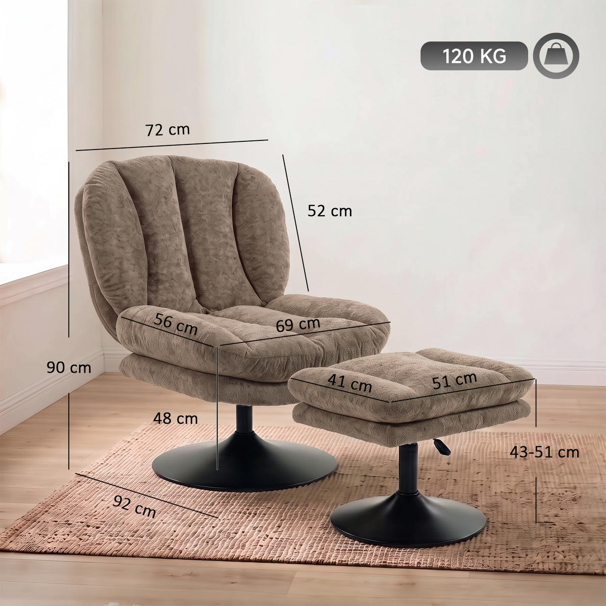 LOUNGESESSEL-MIT-HOCKER 2er Set Polyester Braun - Schwarz/Braun, Textil/Metall (72/90/92cm) - HOMCOM